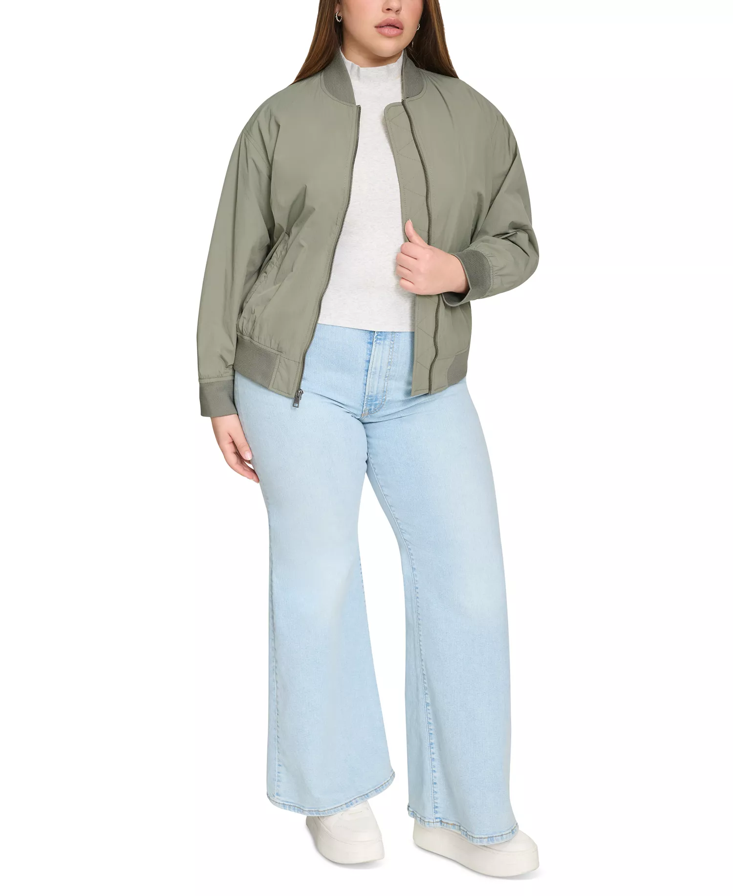 Trendy Plus Size Lightweight Zip-Front Bomber Jacket - Sage - 1X