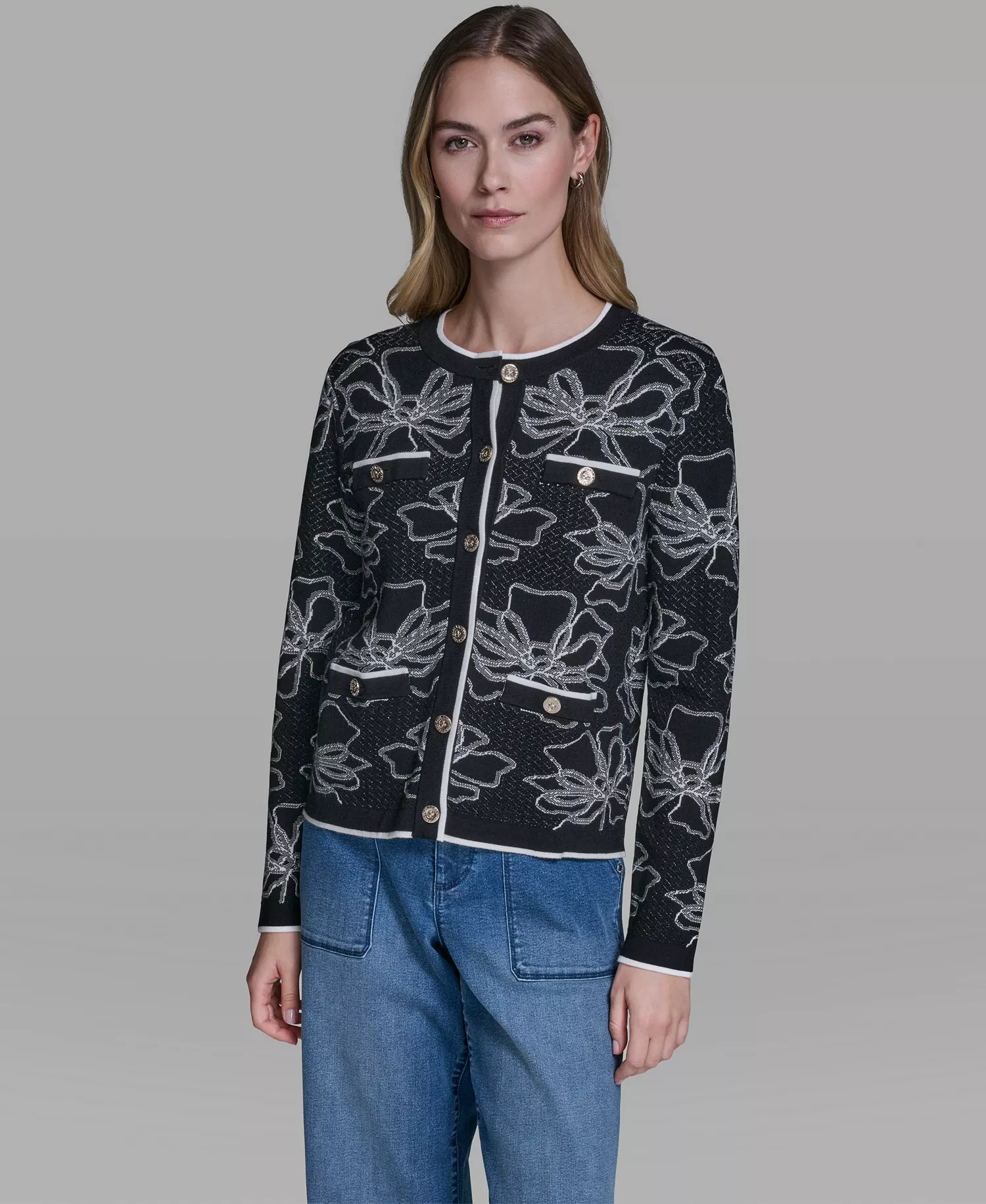 Women's Flower Embroidered Cardigan Sweater - Black/soft White - L