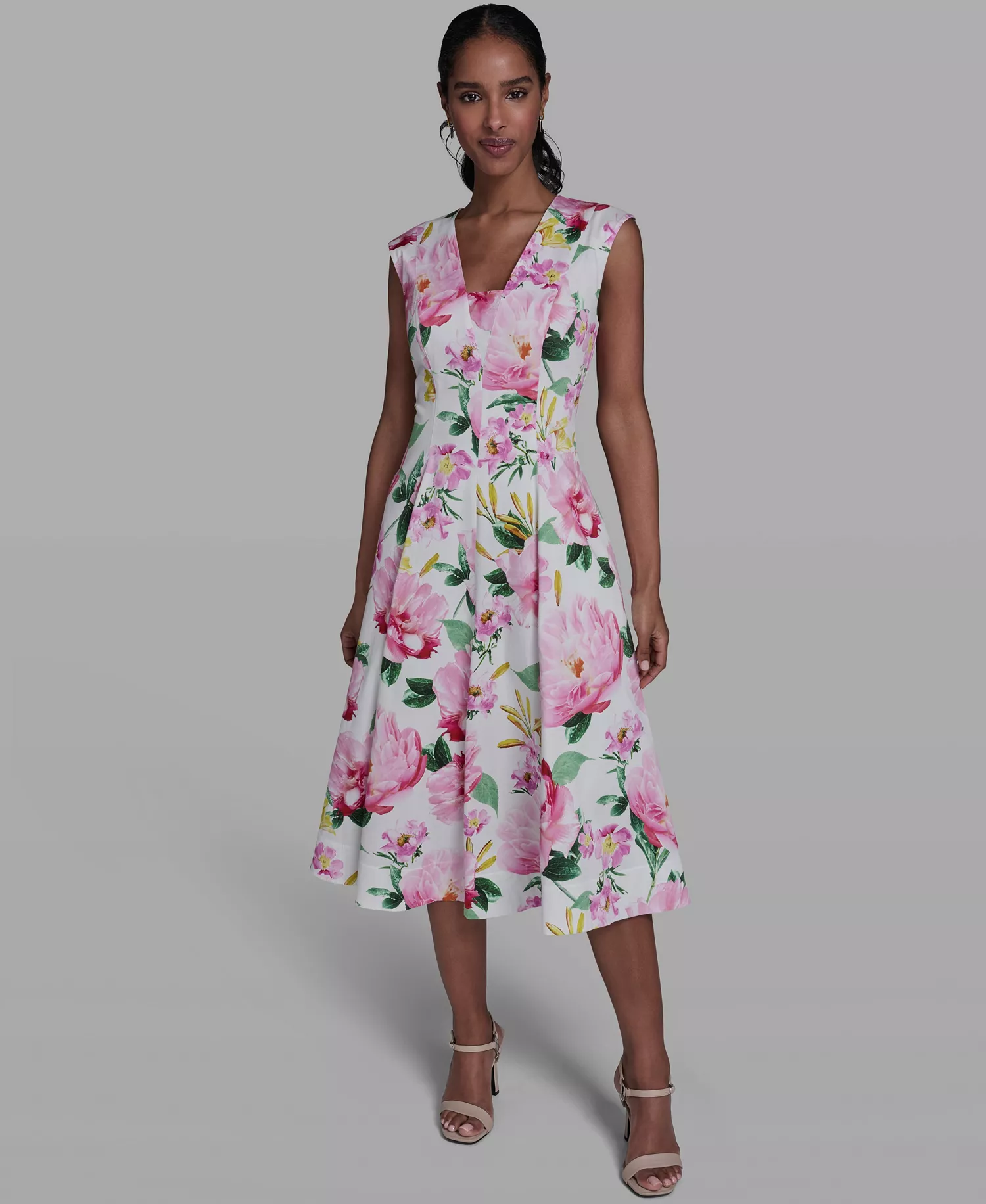 Women's Placed Floral V-Neck Midi Dress - Soft White Multi - 0