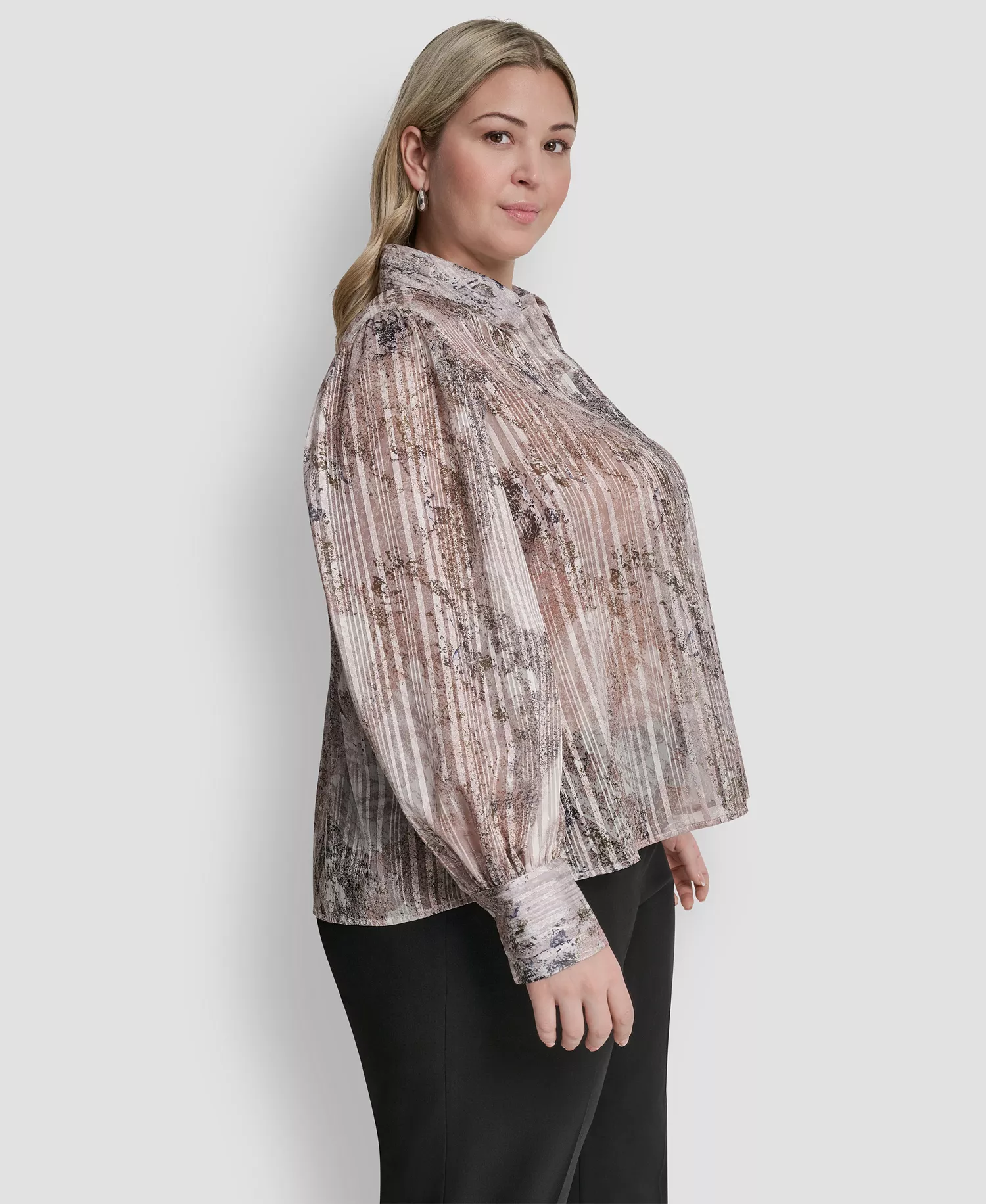 Plus Size Collared Neck Long-Sleeve Top - Coconut/Travertine Multi - 1X