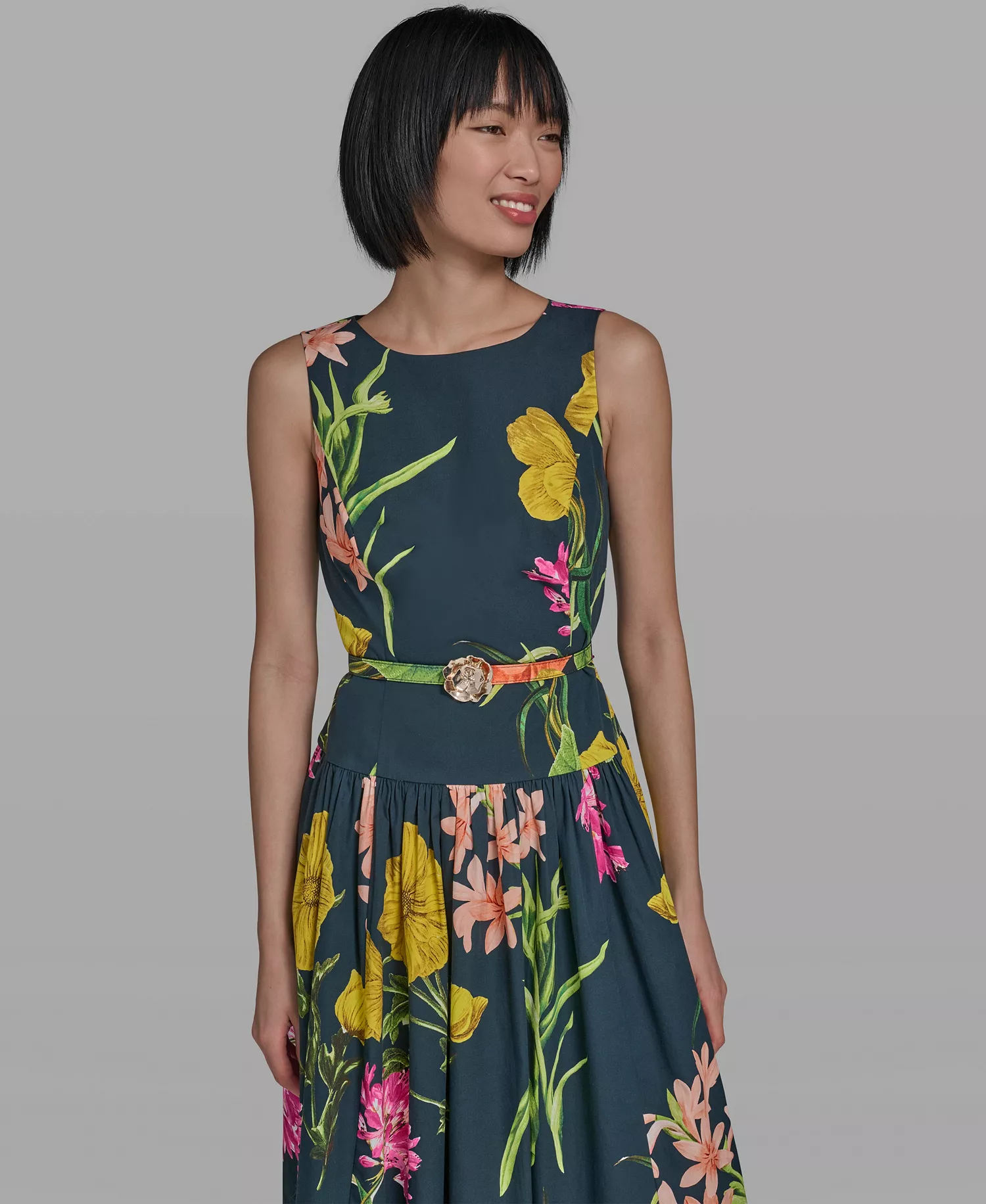 Women's Boat-Neck Belted Sleeveless Dress - Marine/Pink Sherbet Combo - 0