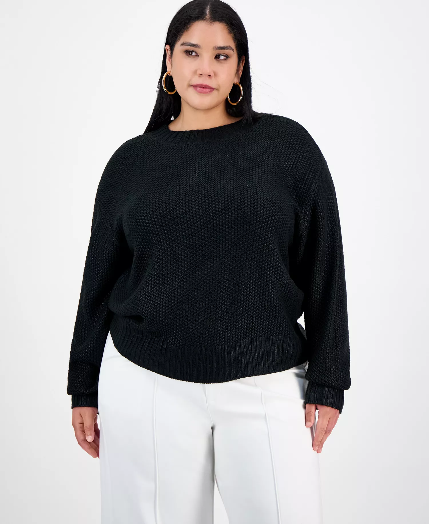 Trendy Plus Foil-Print Drop-Shoulder Crewneck Sweater, Macy's Exclusive - Black - 0X