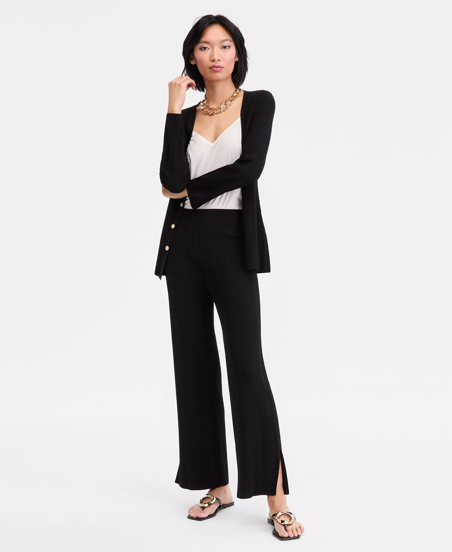 Women's Rib-Knit Pull-On Pants, Macy's Exclusive - Deep Black - L