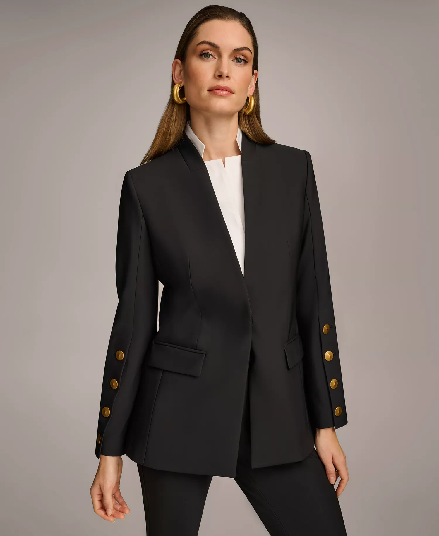 Women's Button Sleeve Blazer, Regular & Petite - Black - 0
