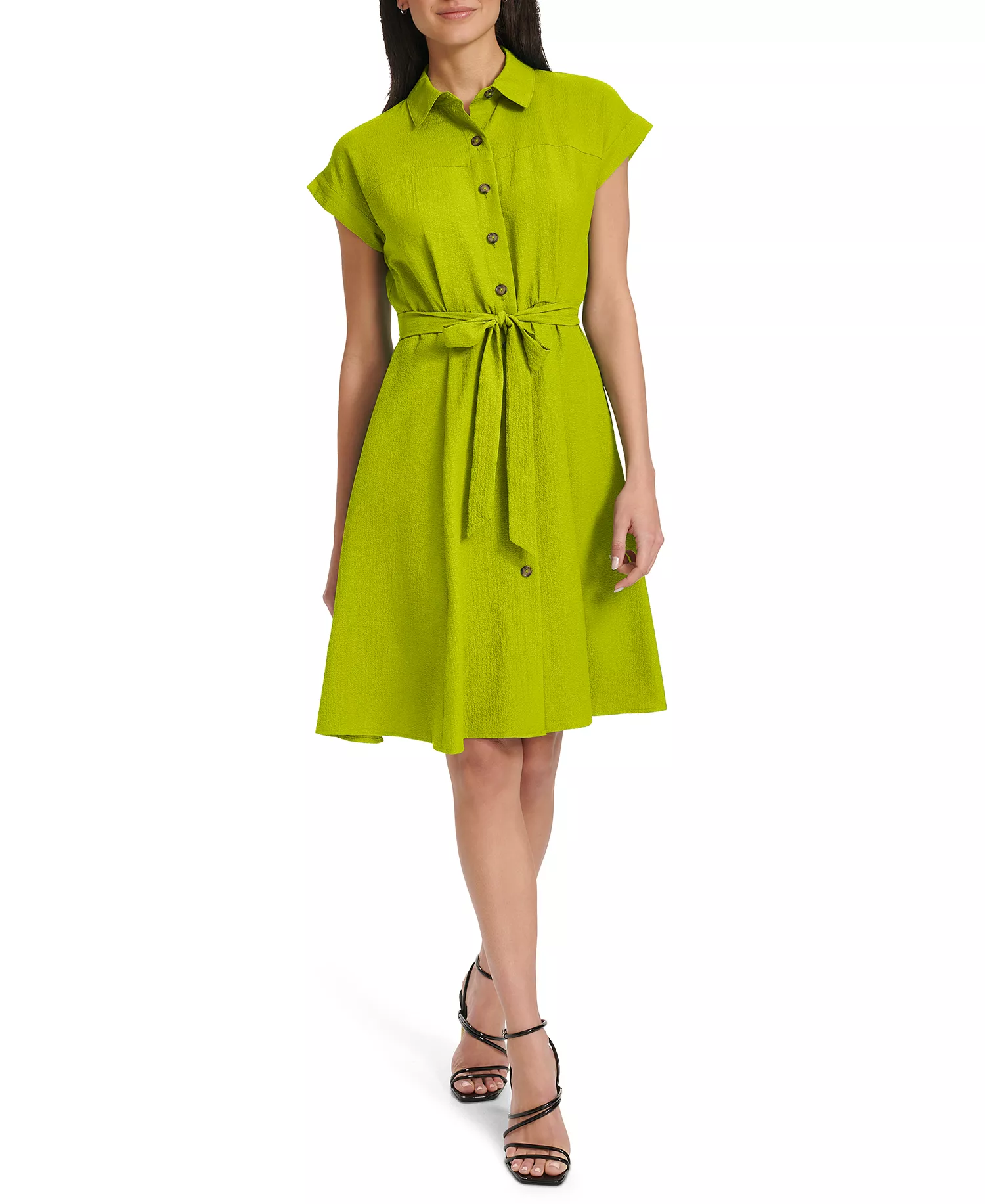 Women's Belted Cap-Sleeve Shirt Dress - Celery - 10