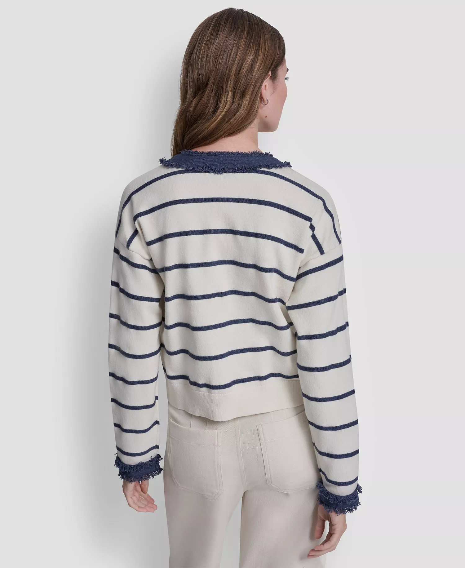 Petite Denim Fringe Crewneck Striped Cardigan - Eggnog/indigo - PL