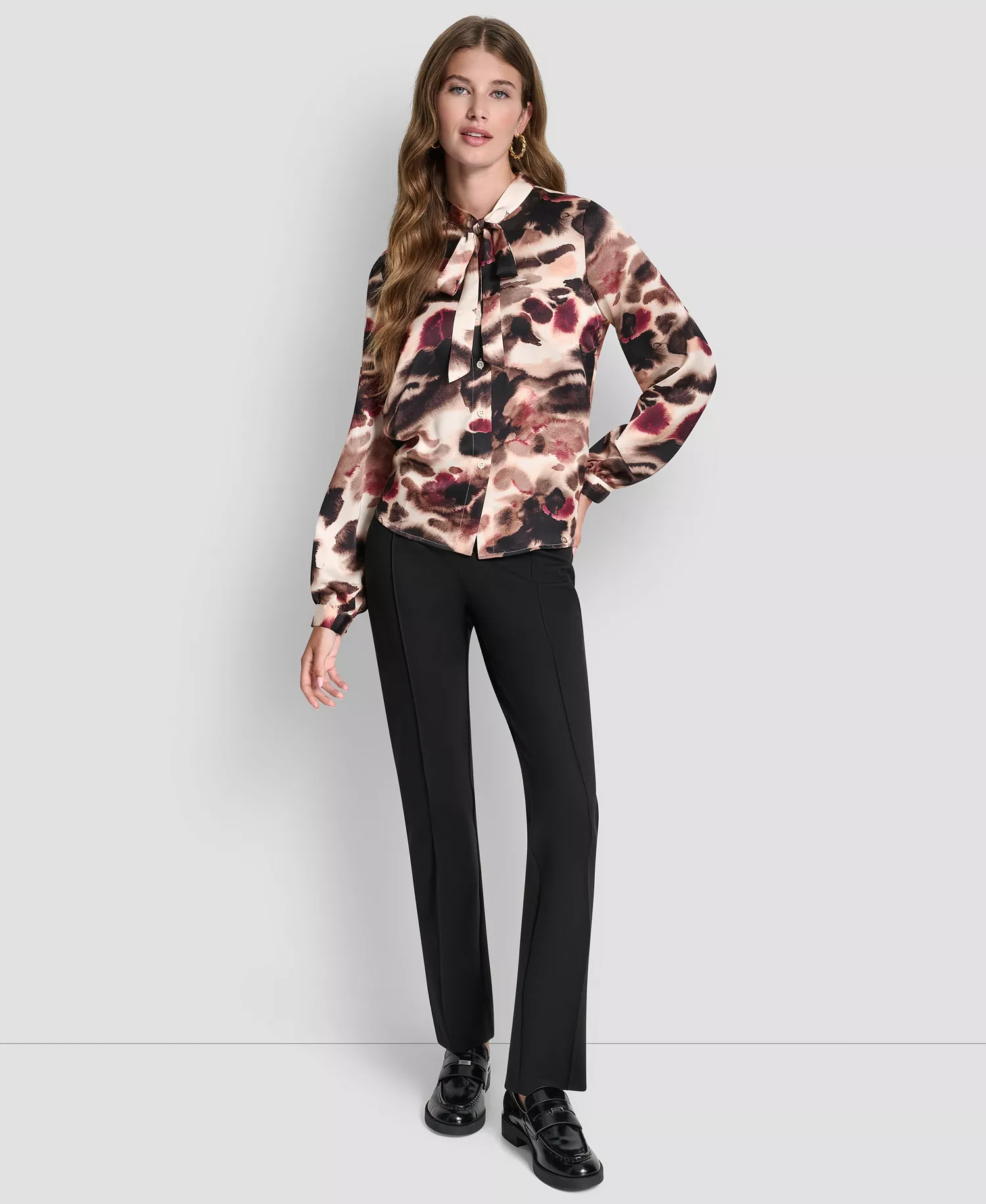 Petite Necktie Long-Sleeve Top - Blonde/truffle Multi - P/L