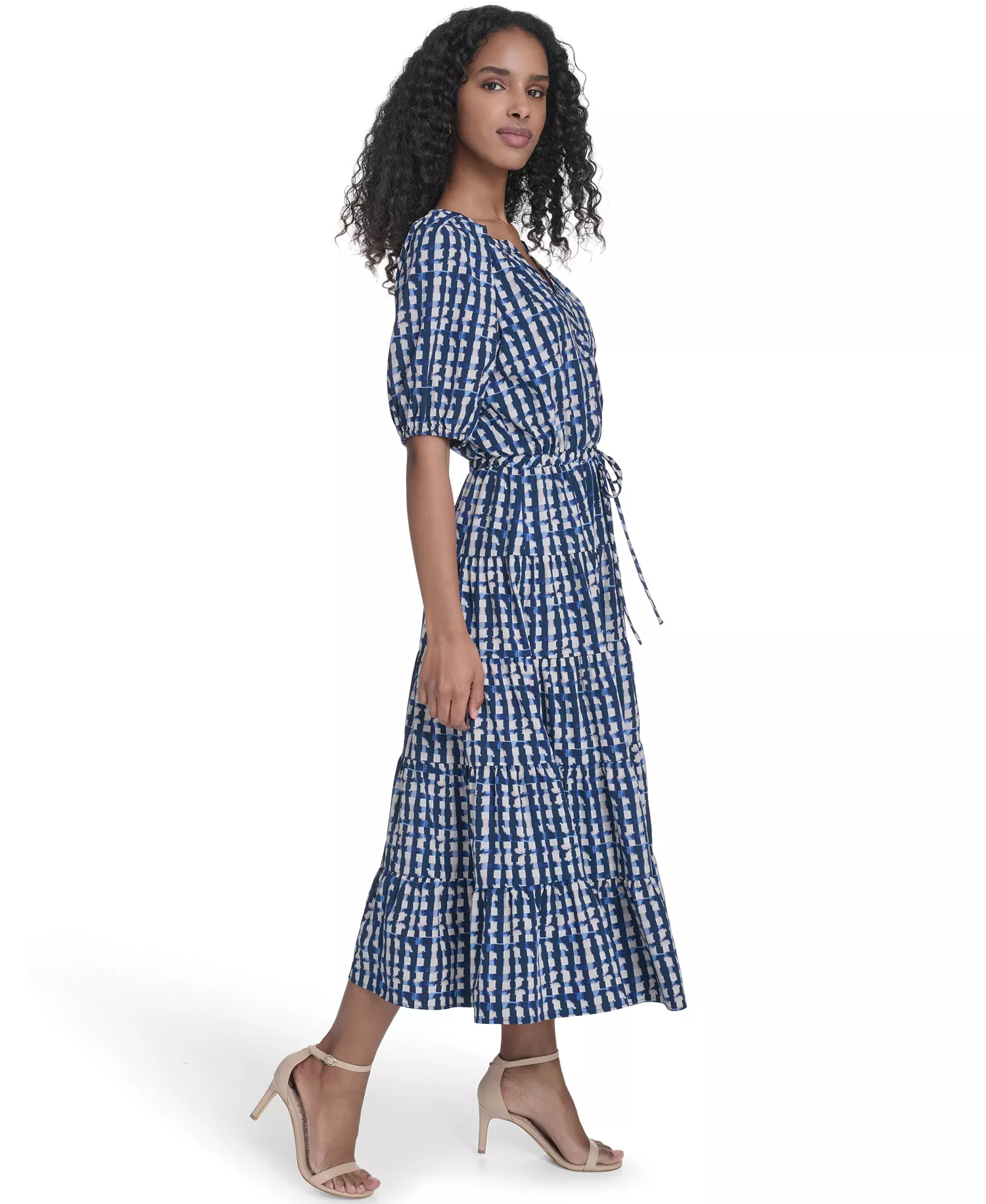 Women's Tiered V-Neck Midi Dress - Indigo/Stoney Beige Multi - 10