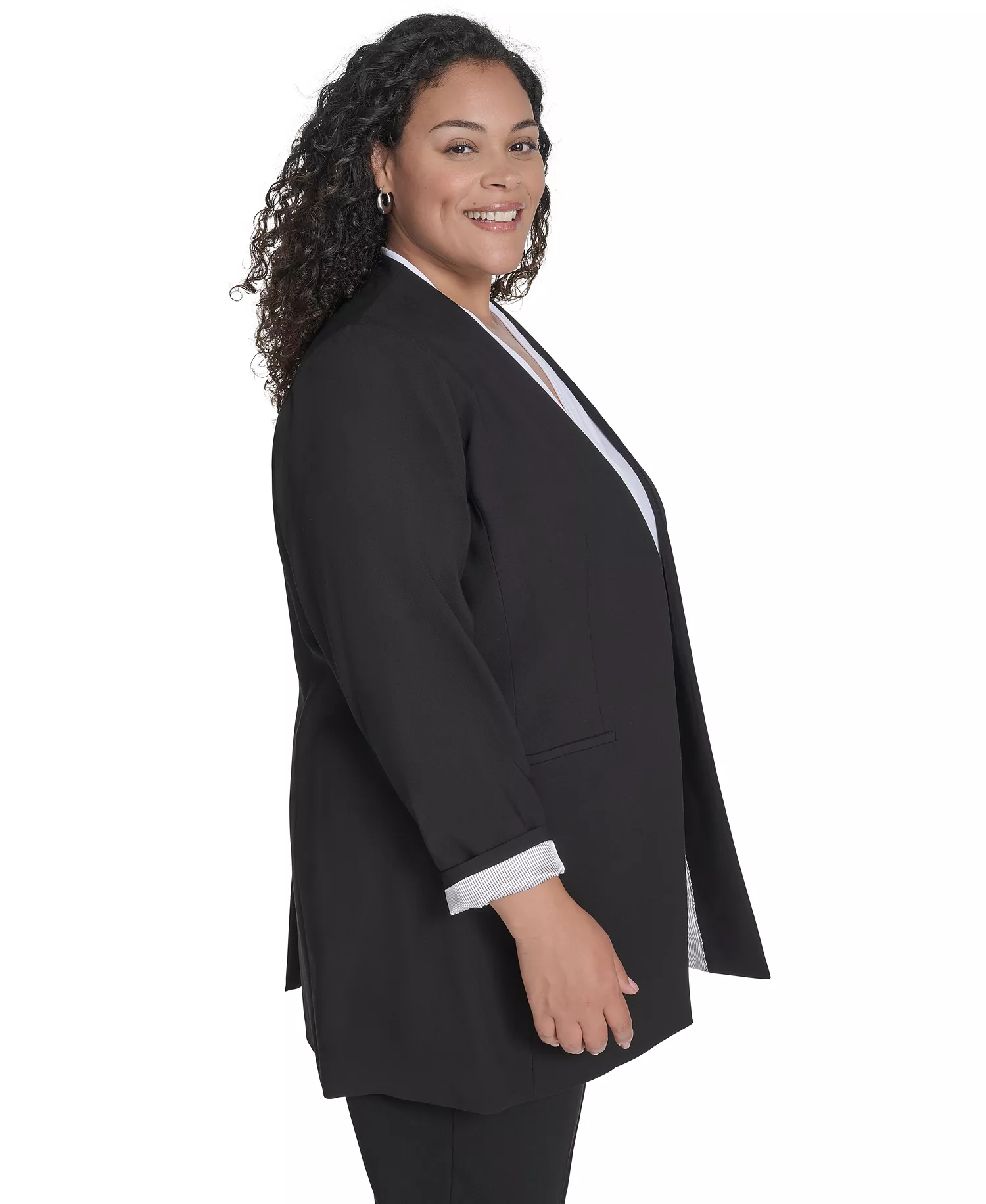 Plus Size Collarless Open-Front Topper Jacket - Black - 14W