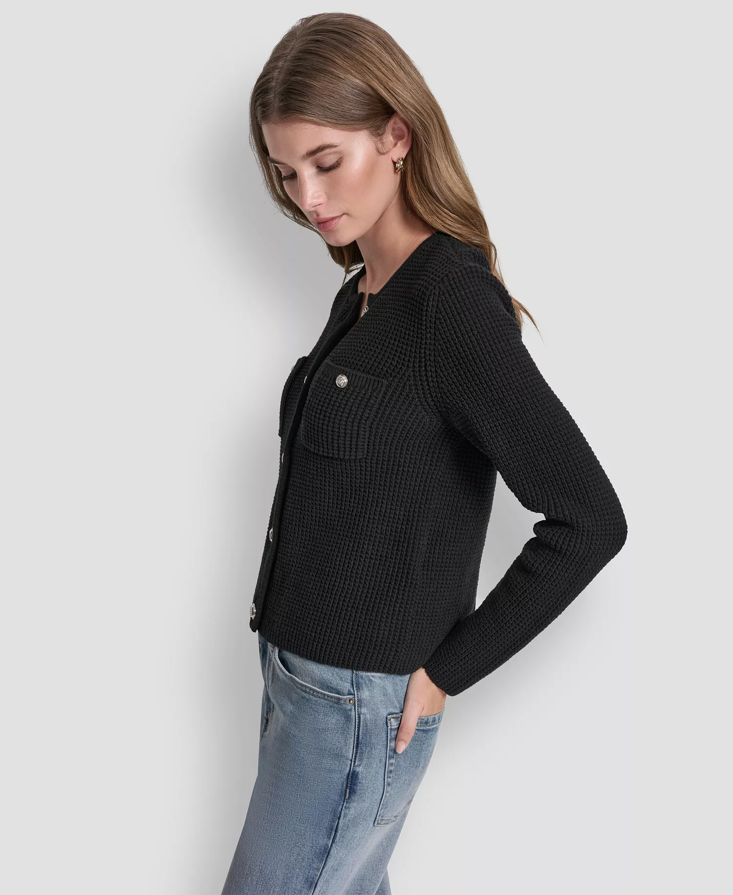 Petite Tuck Stitch Long-Sleeve Cardigan - Black - PL