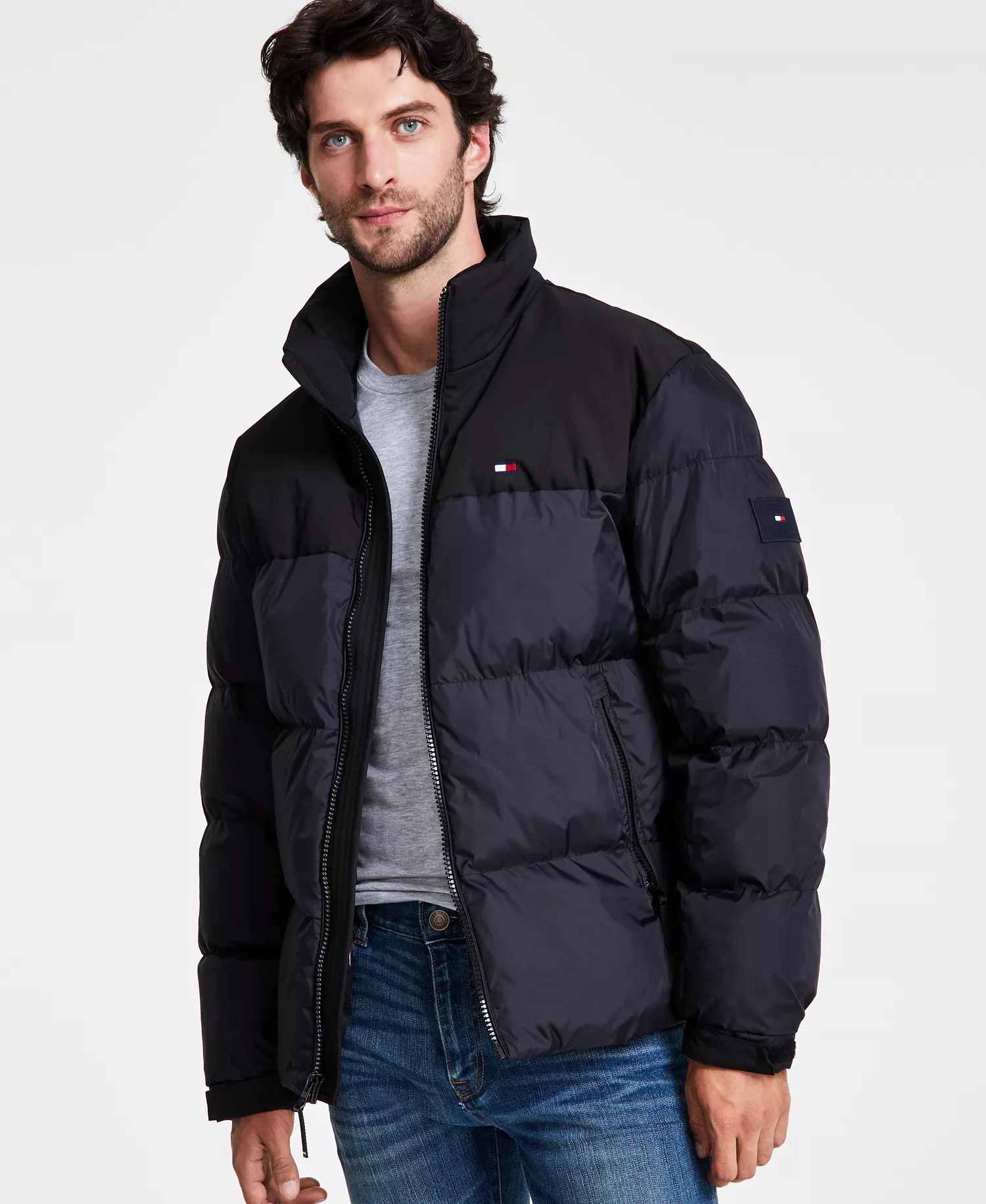 Men's Mixed-Media Puffer Jacket - Black - 2XL