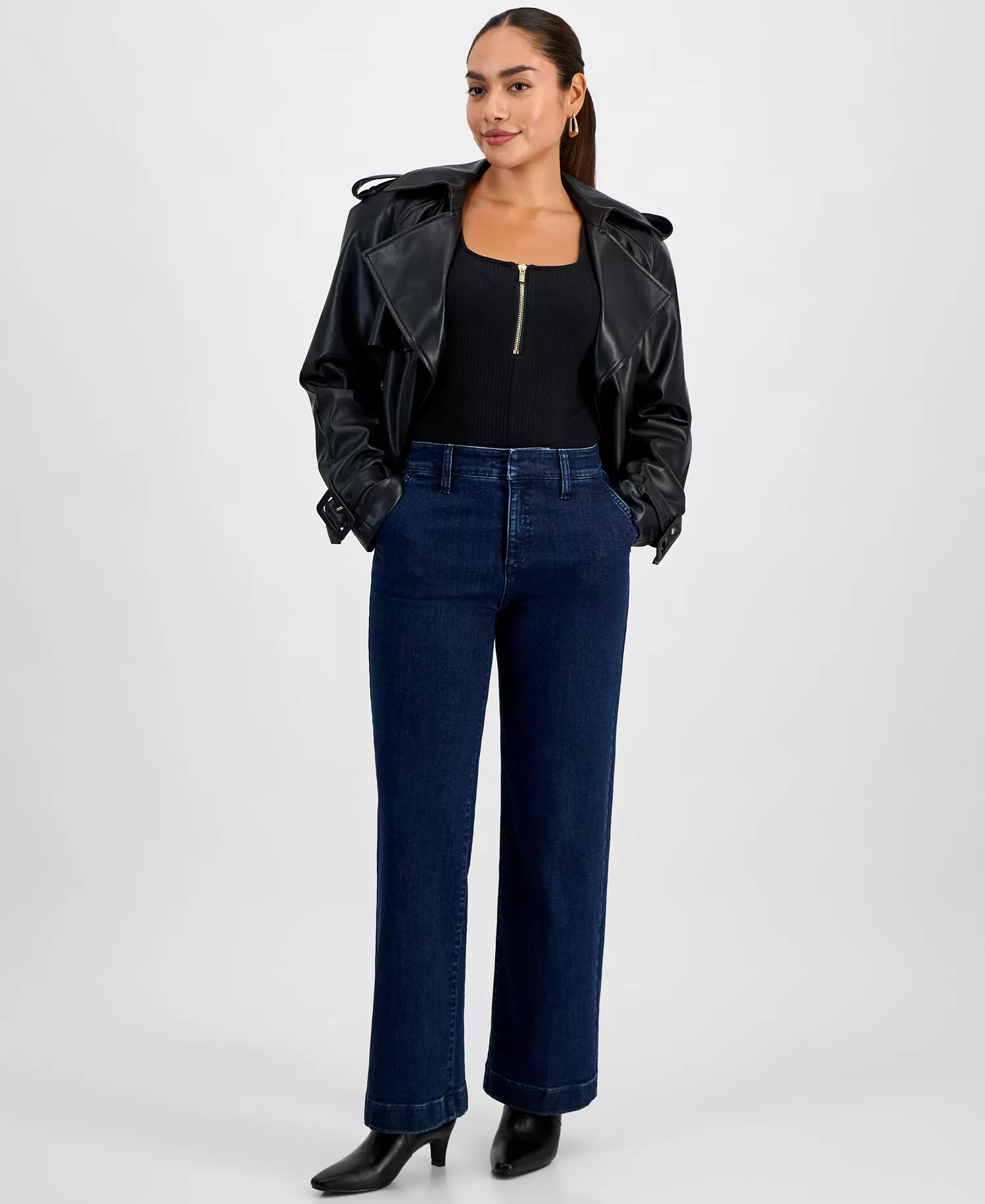 Petite Flat-Front Denim Pants, Created for Macy's - Dark Indigo - 0P