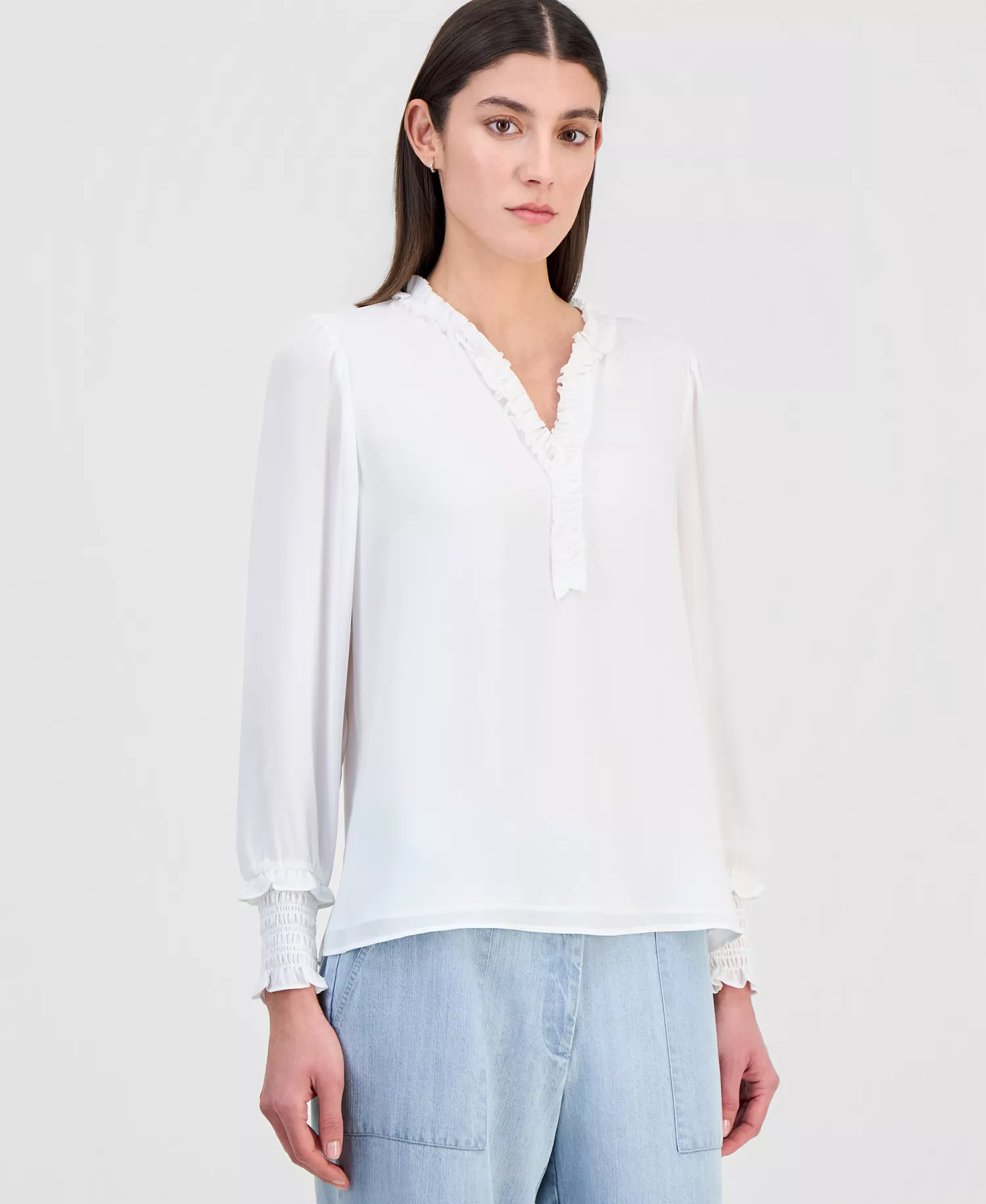 Women's Chiffon Split-Neck Ruffled Blouse - White Star - L