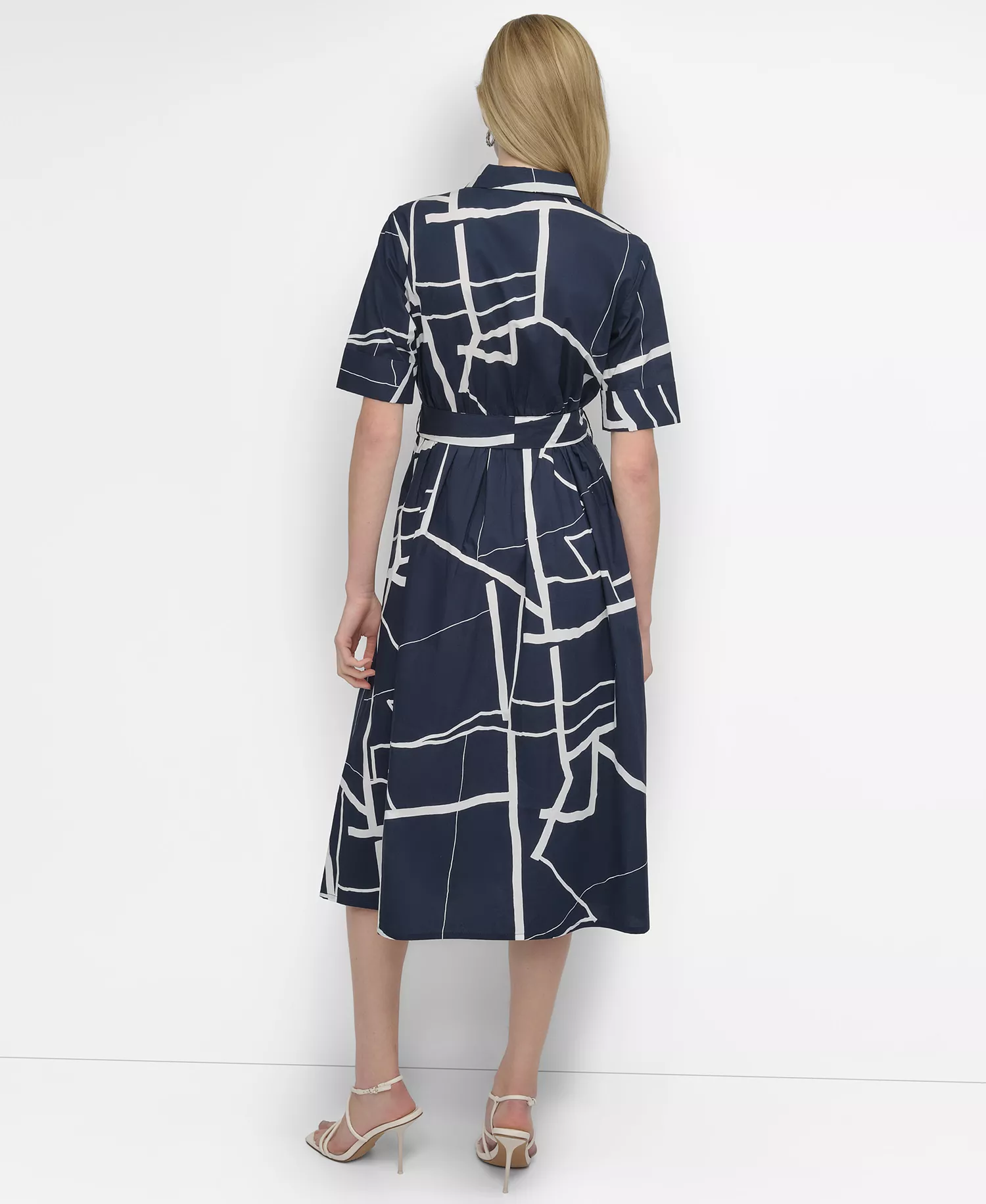 Women's Abstract Printed Cotton Midi Shirt Dress - Navy, Cream - 14