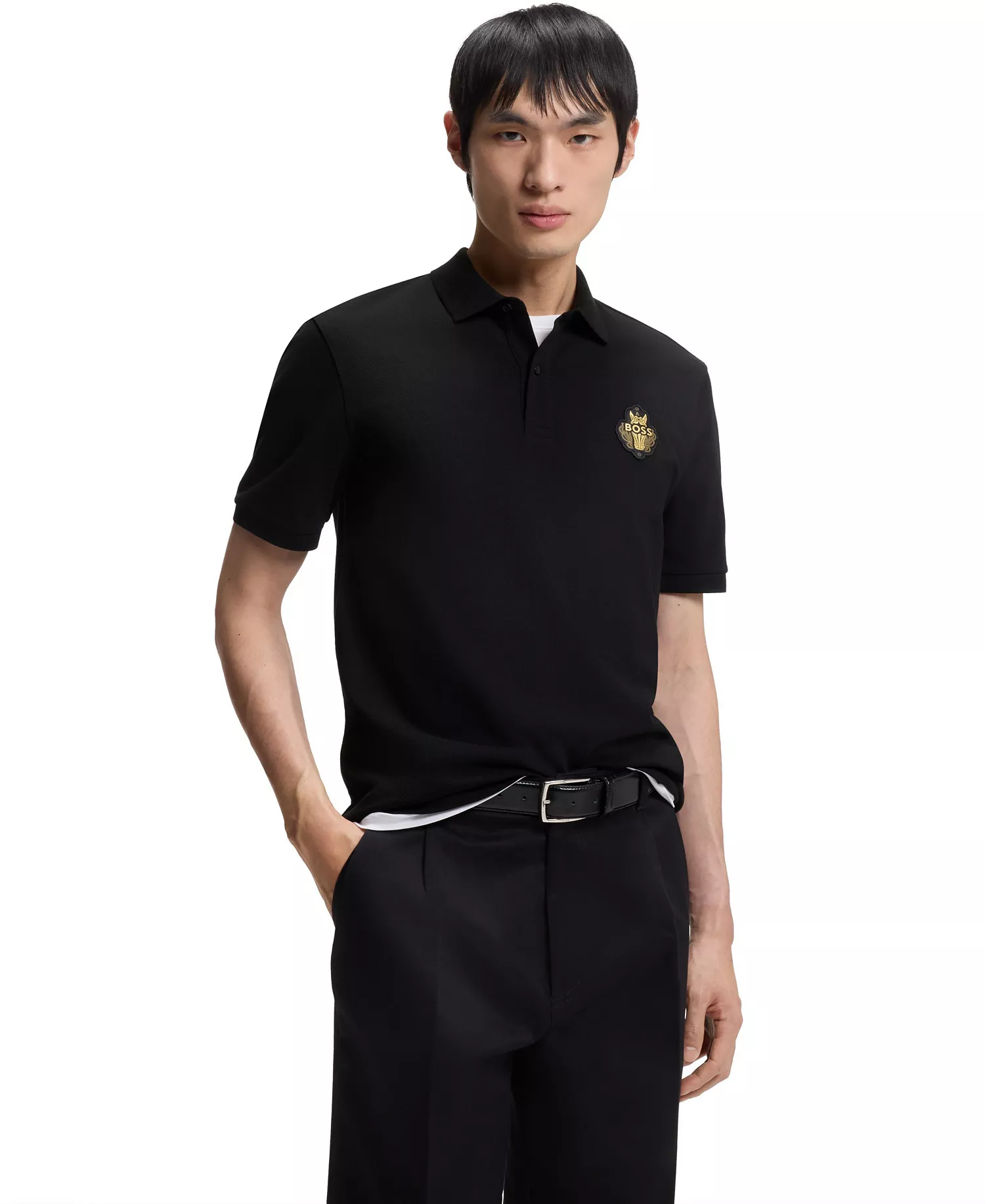 Men's Cotton-Piqué Logo Artwork Polo Shirt - Black - 2XL