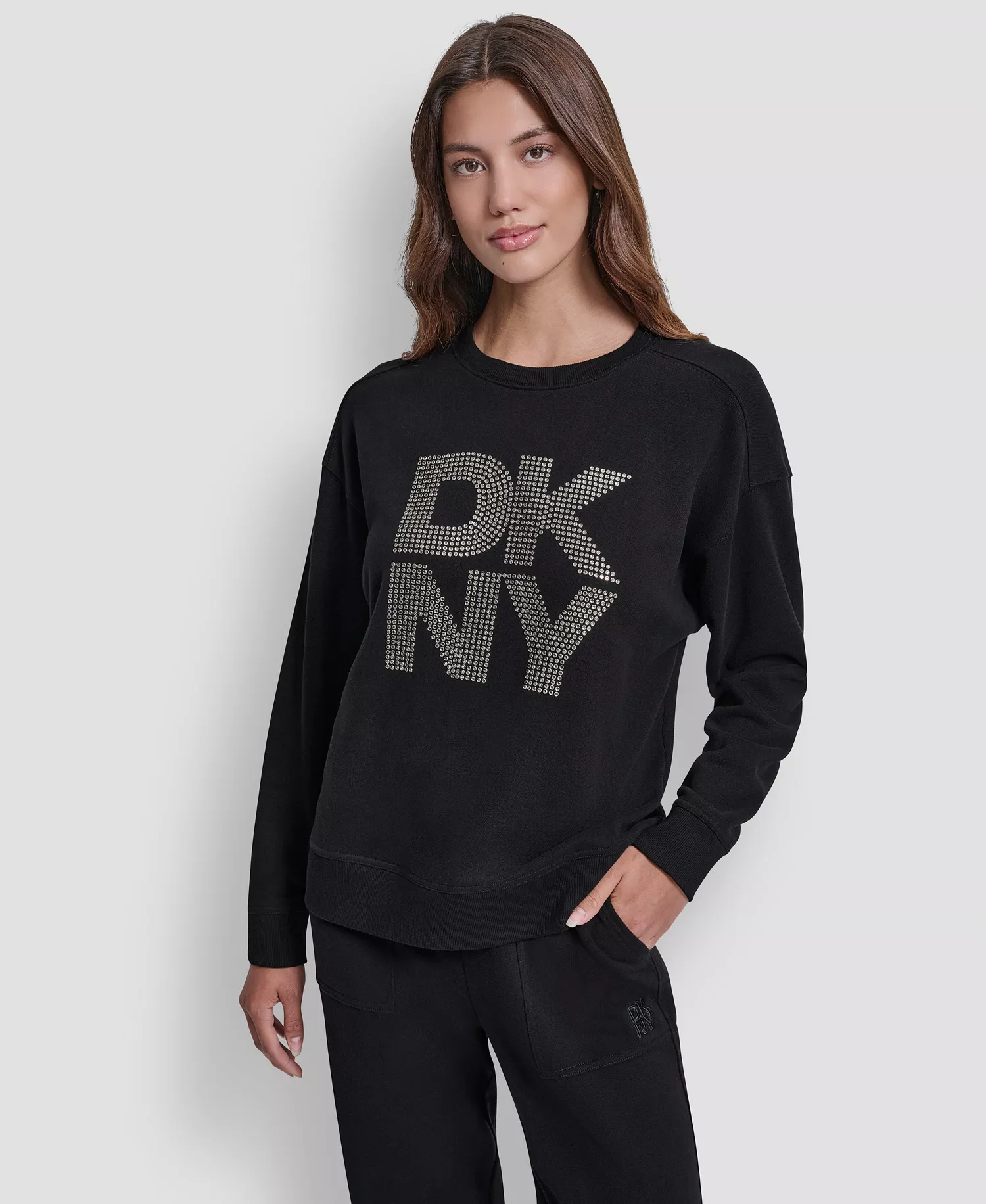 Women's Rhinestone Logo Cotton Crewneck Sweatshirt - Black/Smoke Silver - L