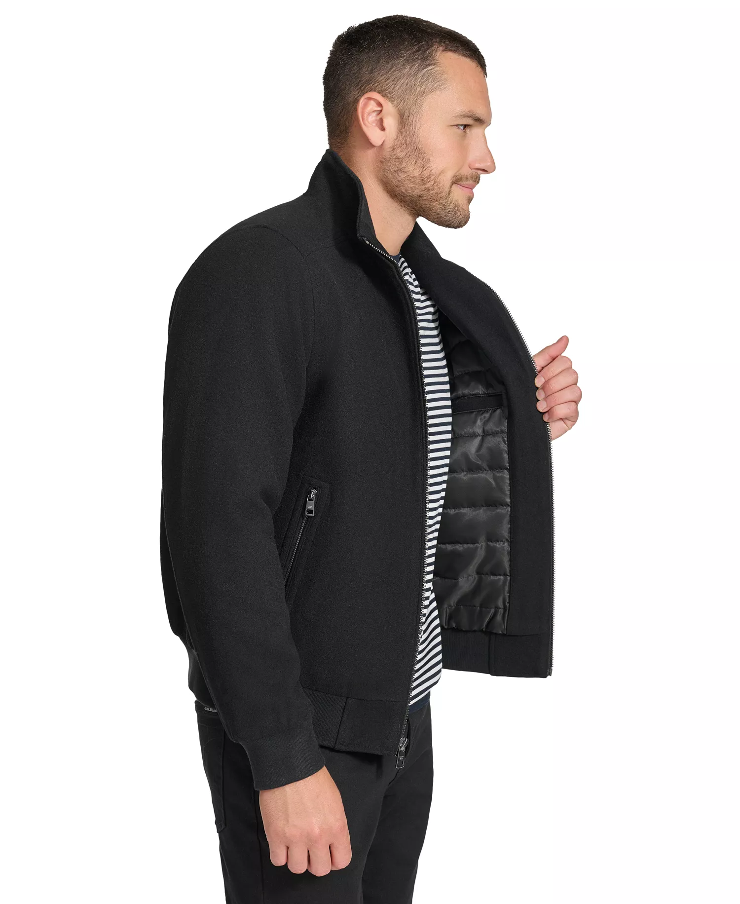 Men's Wool Bomber Jacket With Knit Trim - Black - 2XL