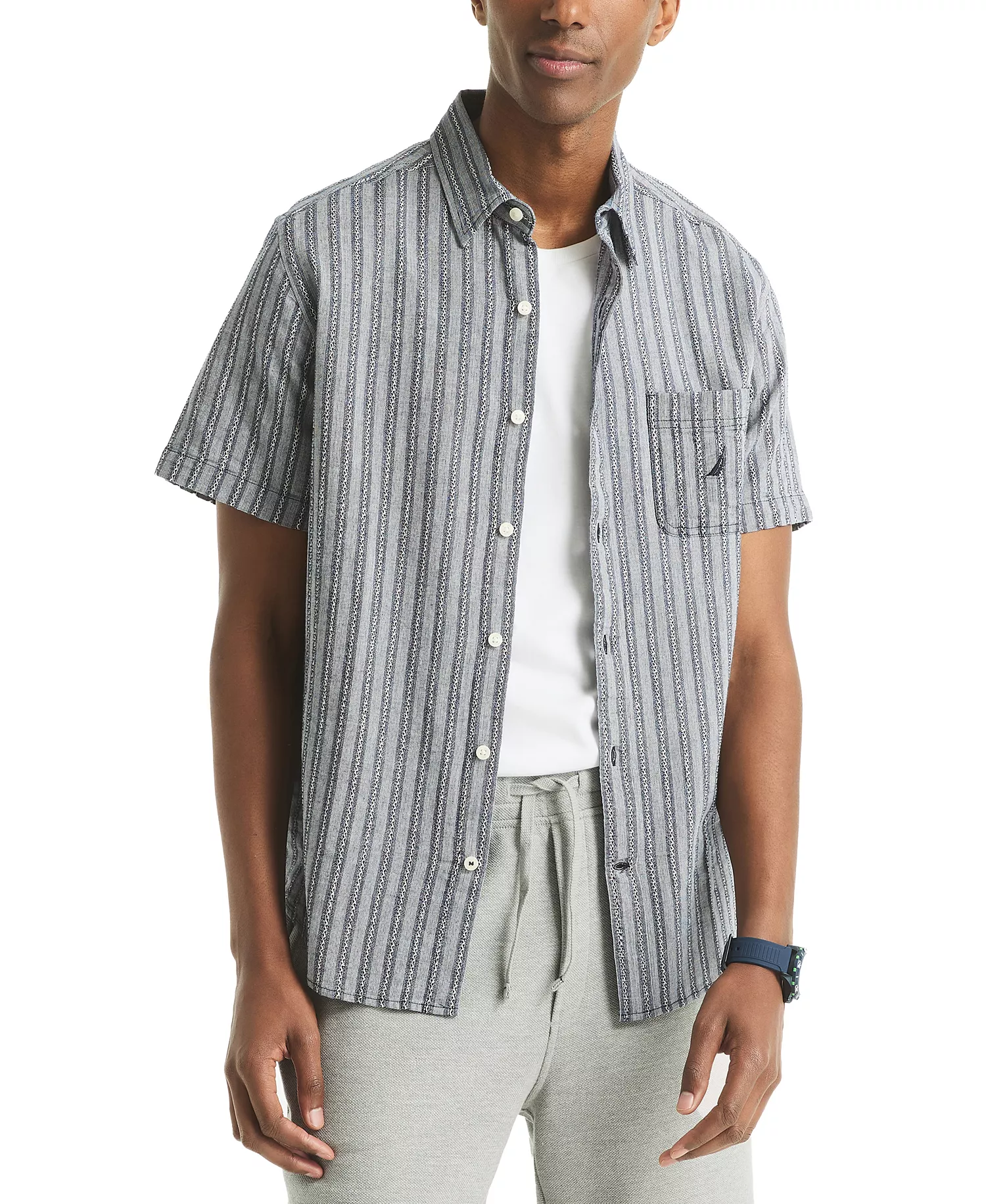 Men's Short Sleeve Dobby Stripe Button-Front Shirt - Navy Seas - 2XL