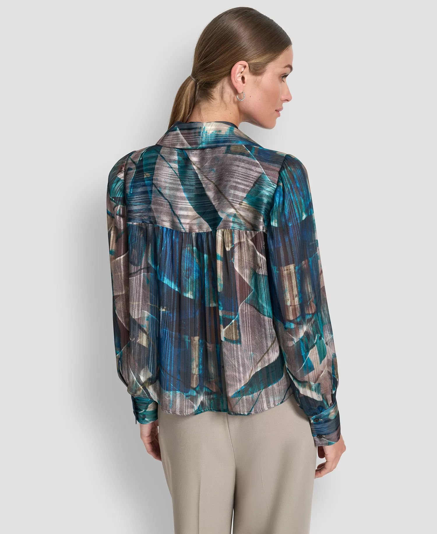 Women's Balloon Sleeve Shirt - City Taupe/ocean Blue Multi - L