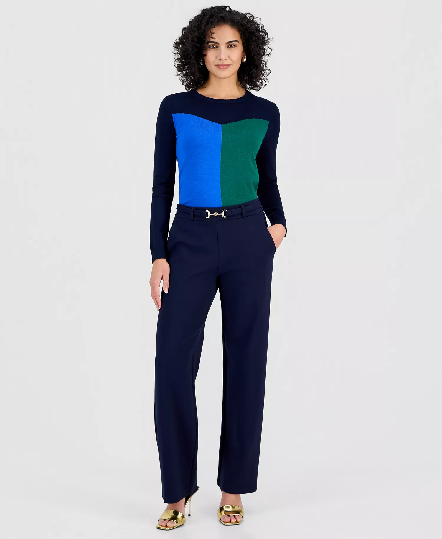 Women's Buckle-Belt Wide-Leg Ankle Pants - Navy - 10