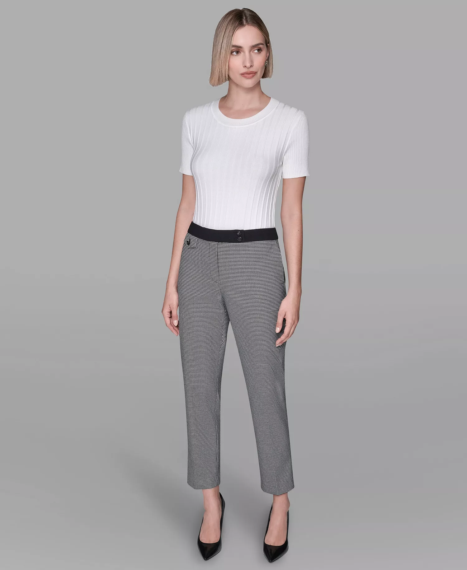 Women's Invisible Zipper Checkered Straight Ankle Pants - Black/Soft White - 0