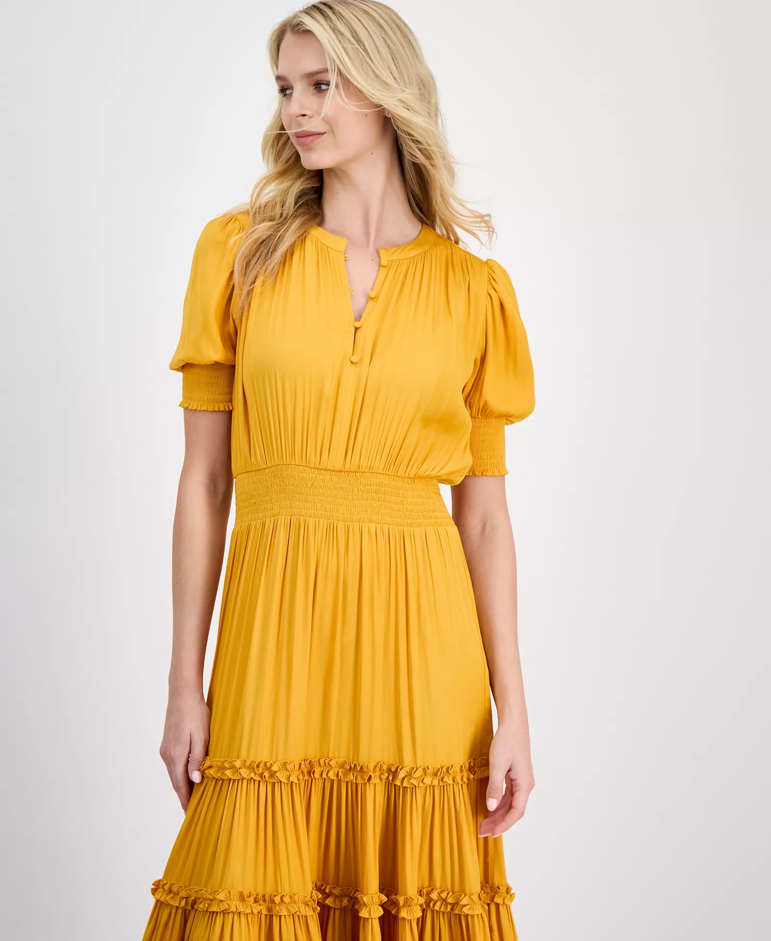 Women's Puff-Sleeve Tiered Midi Dress - Sunset Blaze - L