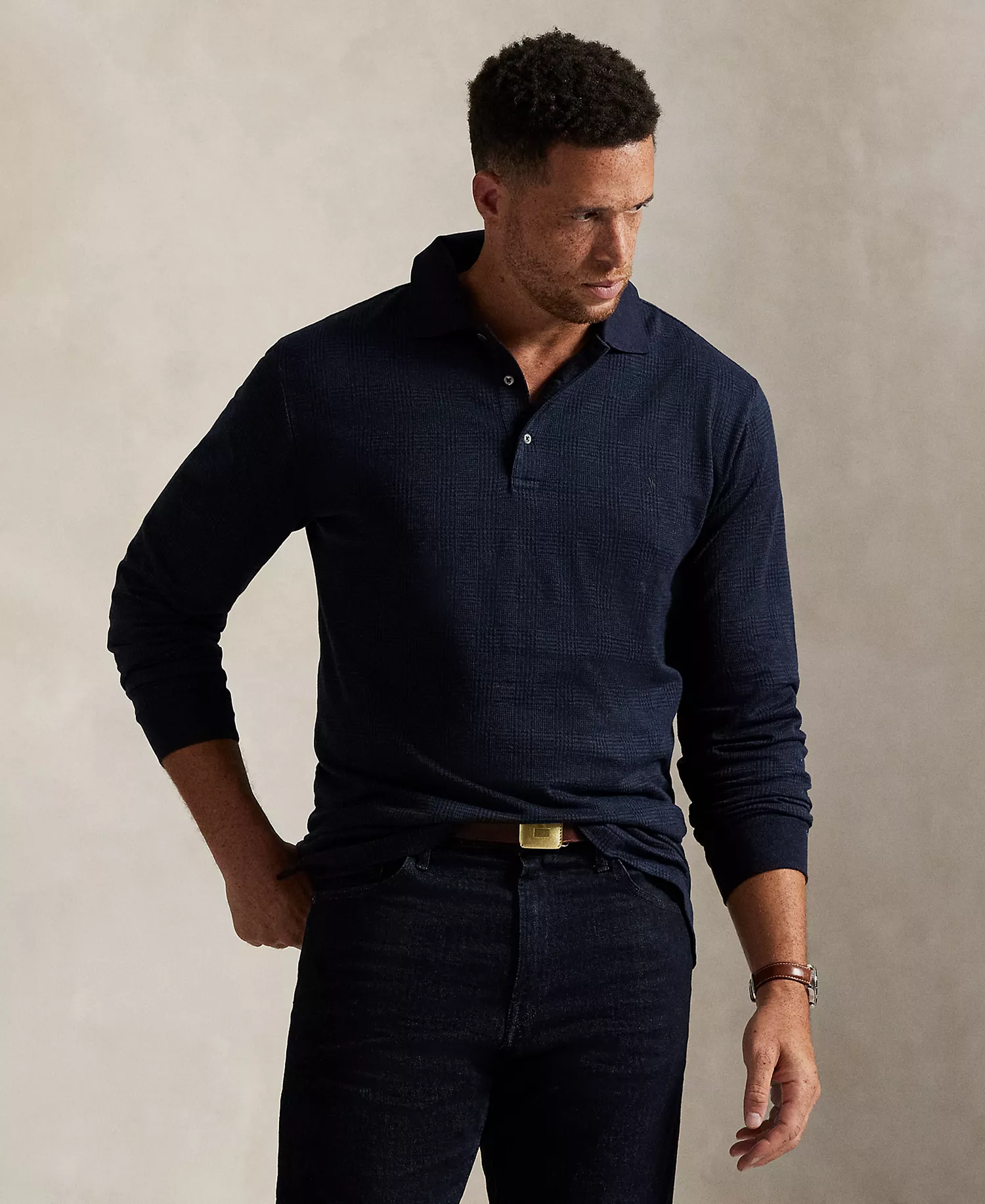 Men's Big & Tall Long-sleeved Glen Polo Shirt - Pow Jacquard Medieval Blue Heather - 4XB