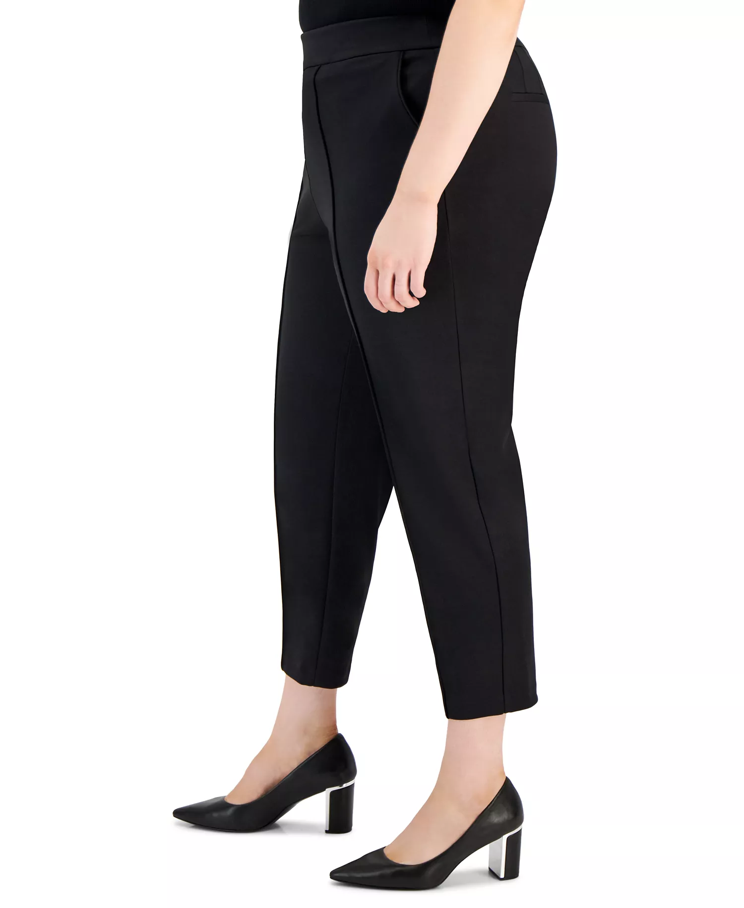 Plus Size Ponte Faux Double-Breasted Blazer, Sweater T-Shirt, & Ponte Front-Seamed Pants - Black - 14W