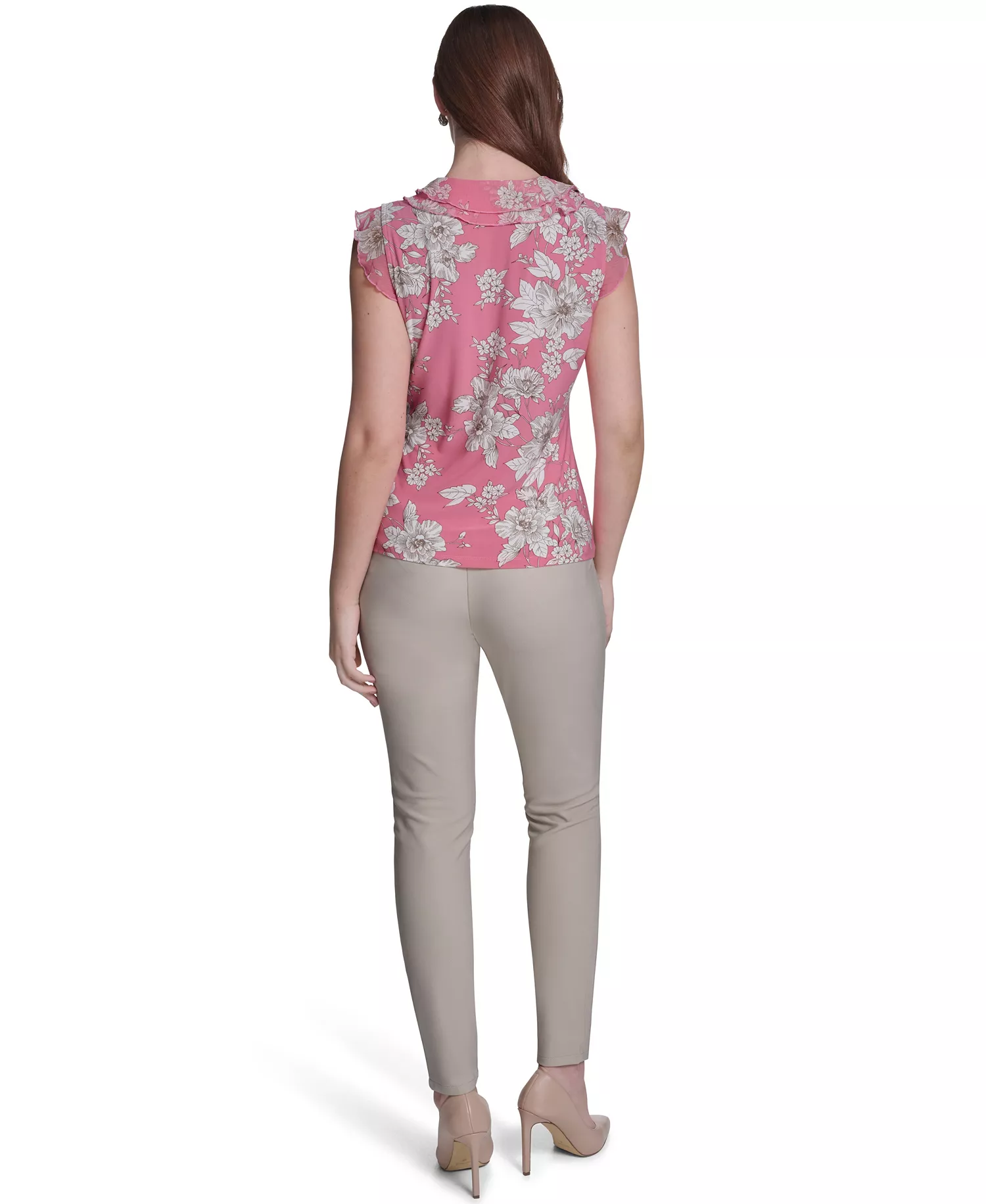 Women's Floral Mixed Media V-Neck Top - Pink Tulip Multi - L