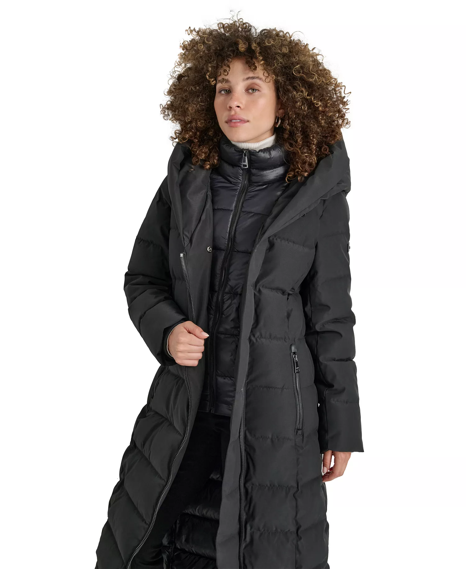 Women's Bibbed Shawl Collar Hooded Puffer Coat - Black - L