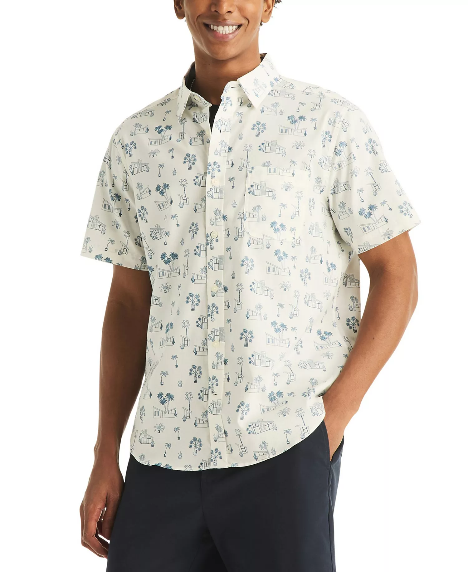 Men's Printed Straight Collar Short-Sleeve Shirt - Sail White - L