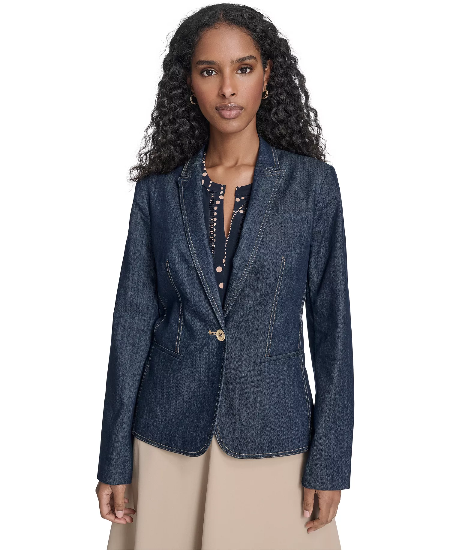 Women's One Button Denim Blazer - Navy - 0