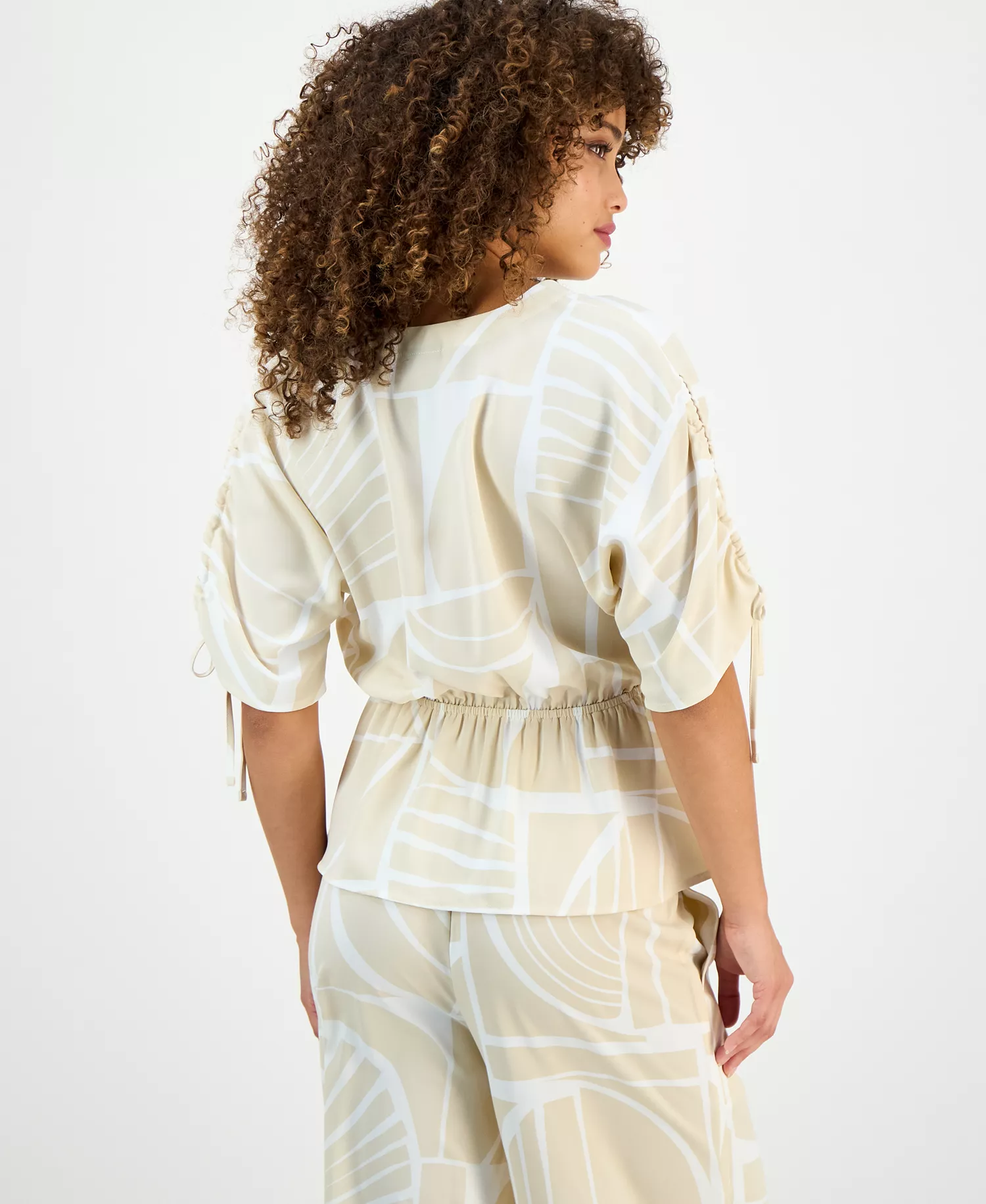 Petite Printed Surplice Peplum Top, Macy's Exclusive - Fae Geo Neutral - P/L