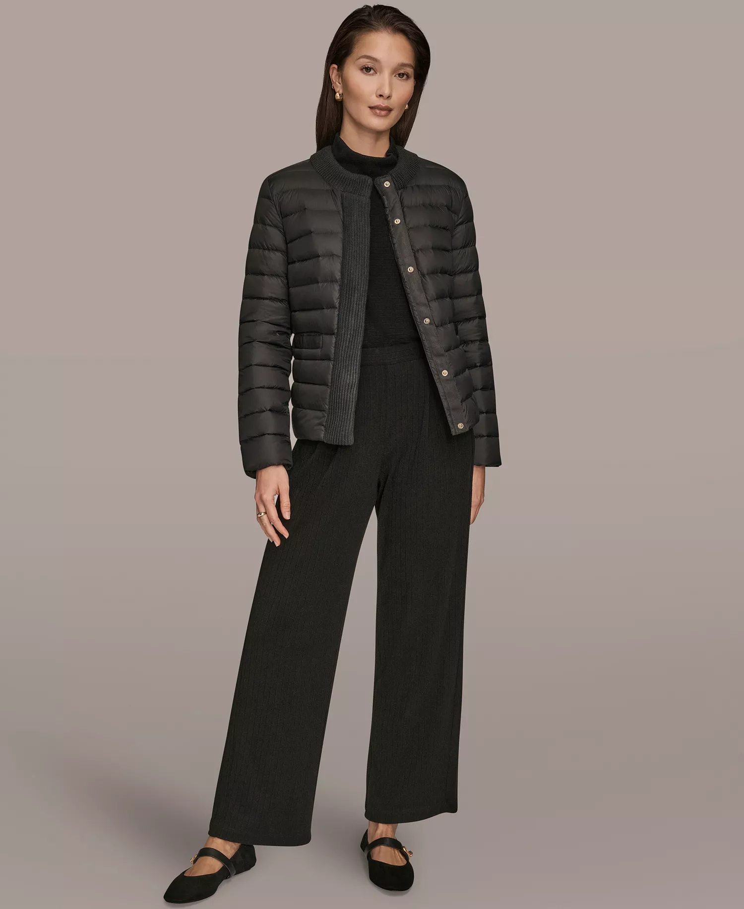 Women's Down Fill Packable Puffer Jacket with Sweater Trim Collar - Black - L