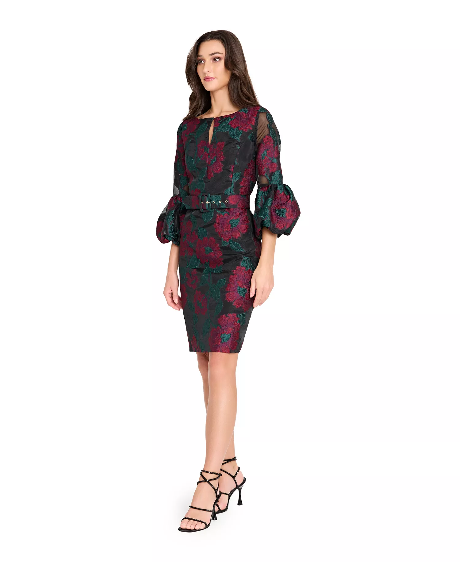 Women's Belted Slim Puff Cuffs Dress - Black Red - 12
