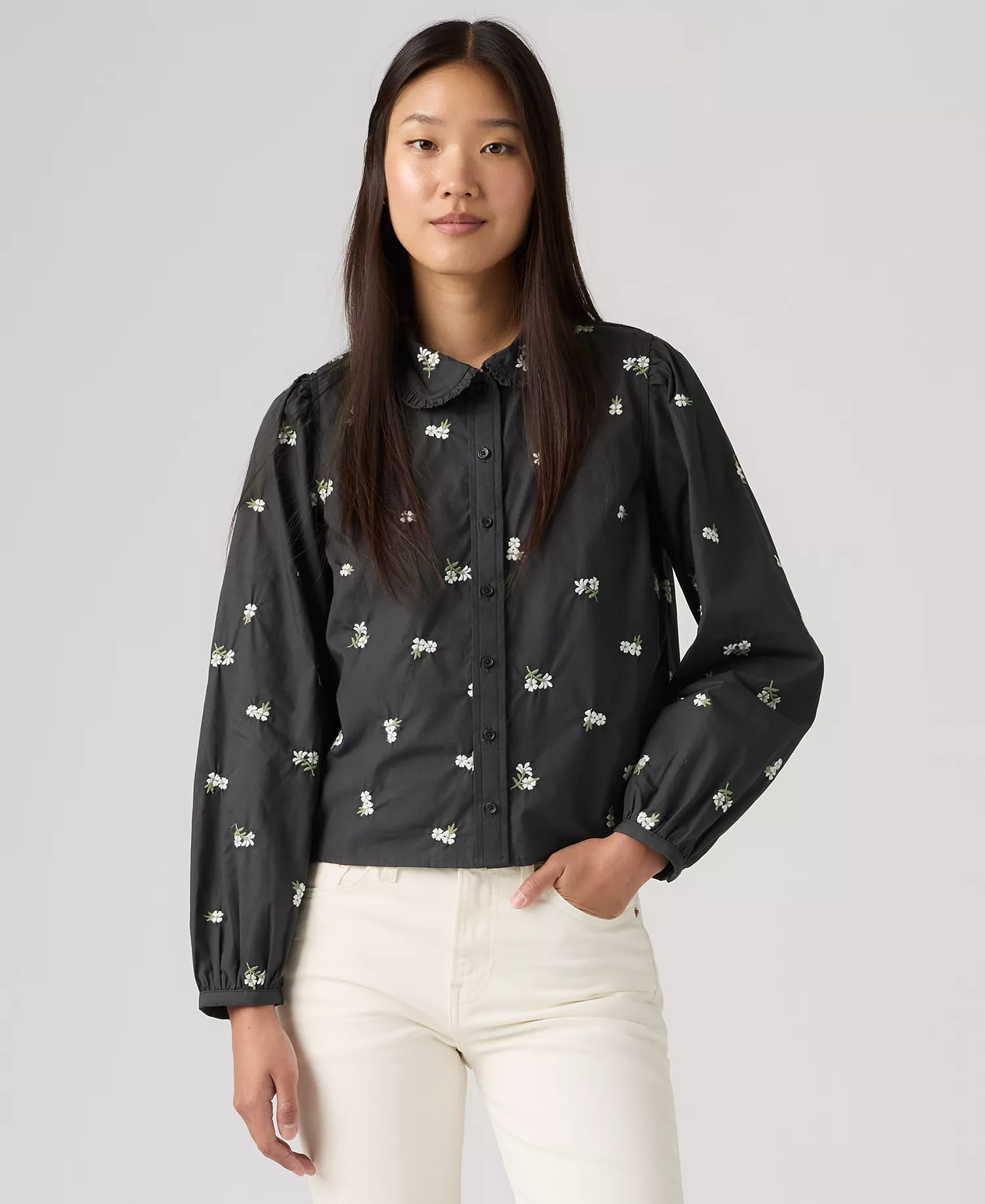 Women's Calista Collared Button-Up Shirt - Phantom, Floral Emb Crystal Pink - L