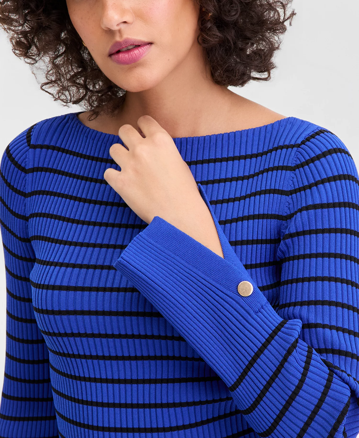 Women's Long Sleeve Boat Neck Rib-Knit Sweater, Macy's Exclusive - Blue Black Combo - L