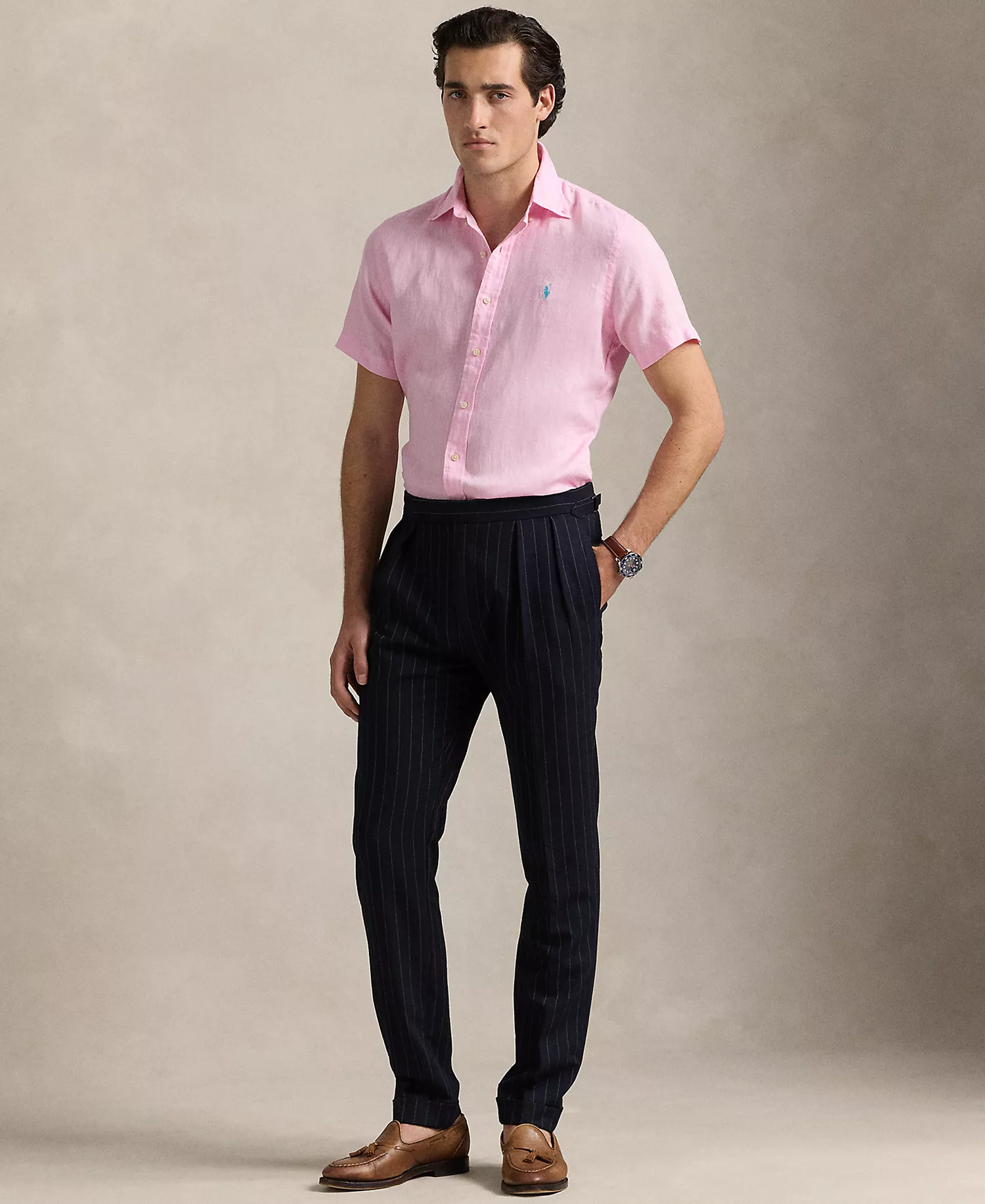 Men's Short-Sleeve Linen Button-Up - Carmel Pink - 2XL