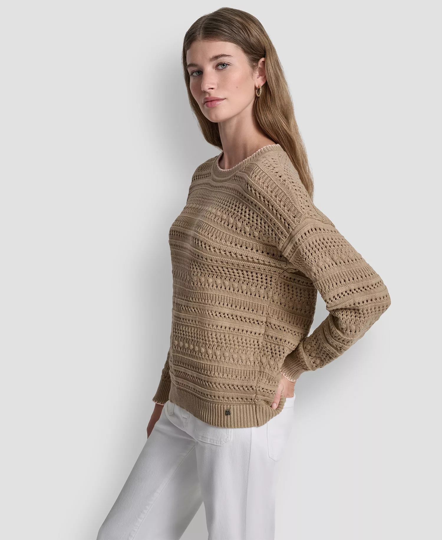 Women's Crew Neck Long-Sleeve Tipped Pointelle Sweater - Travertine/peach Spritz - L