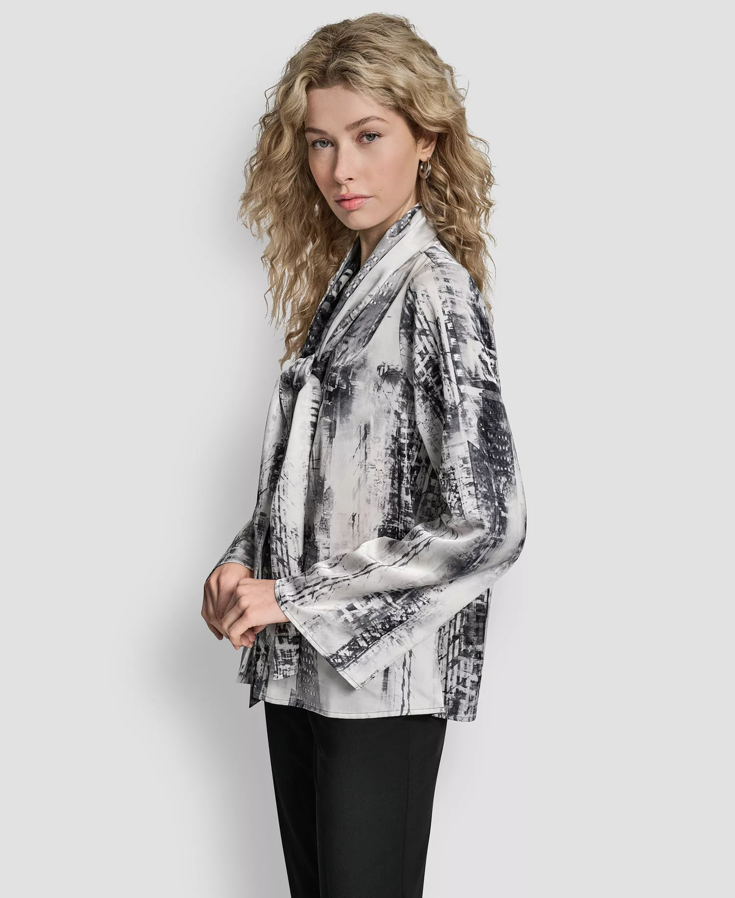 Women's Printed Neck Tie Long Sleeve Blouse - Graphite/stone Grey Multi - S