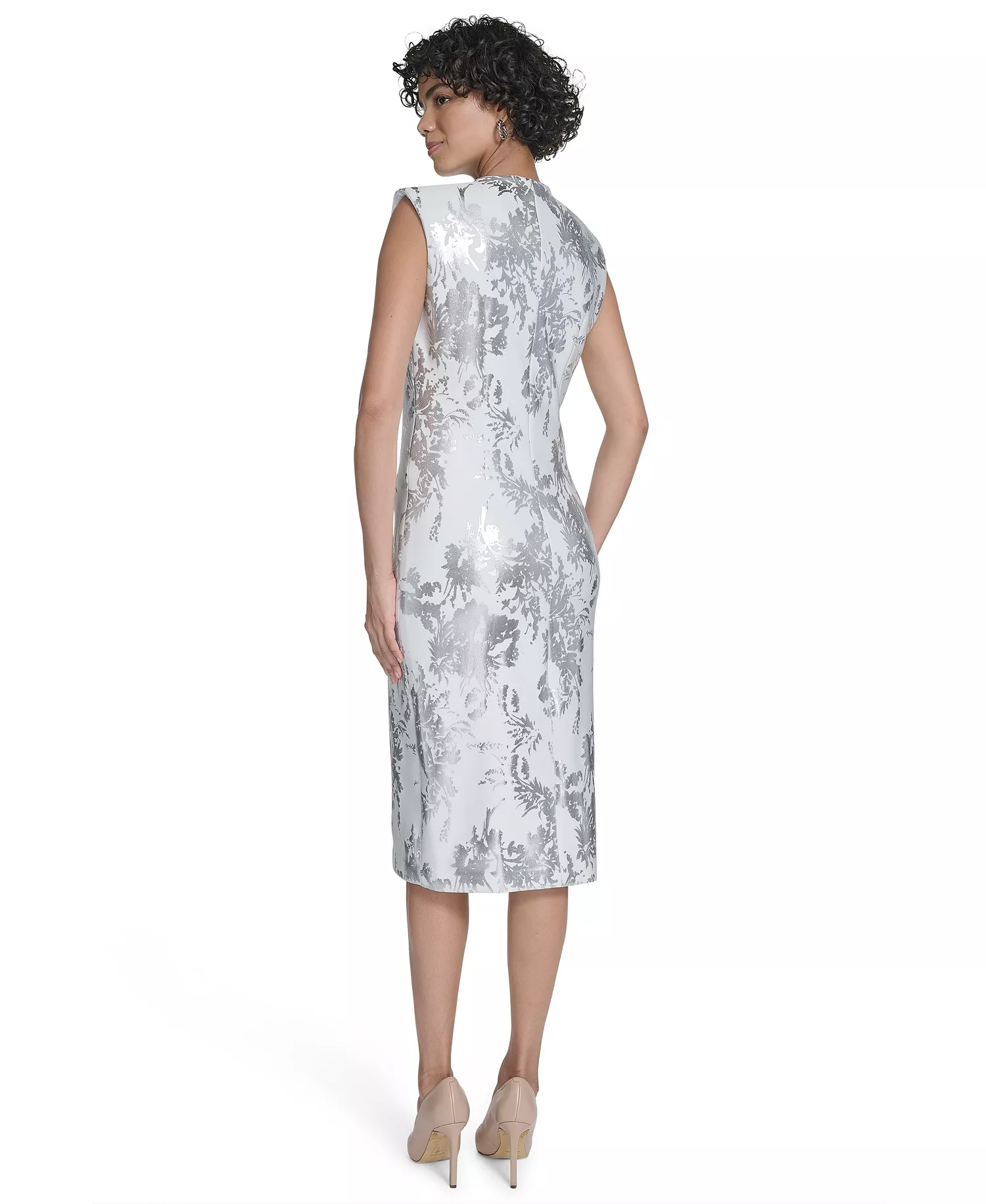 Women's Sleeveless Foil Printed Sheath Dress - Cream/sliver - 10