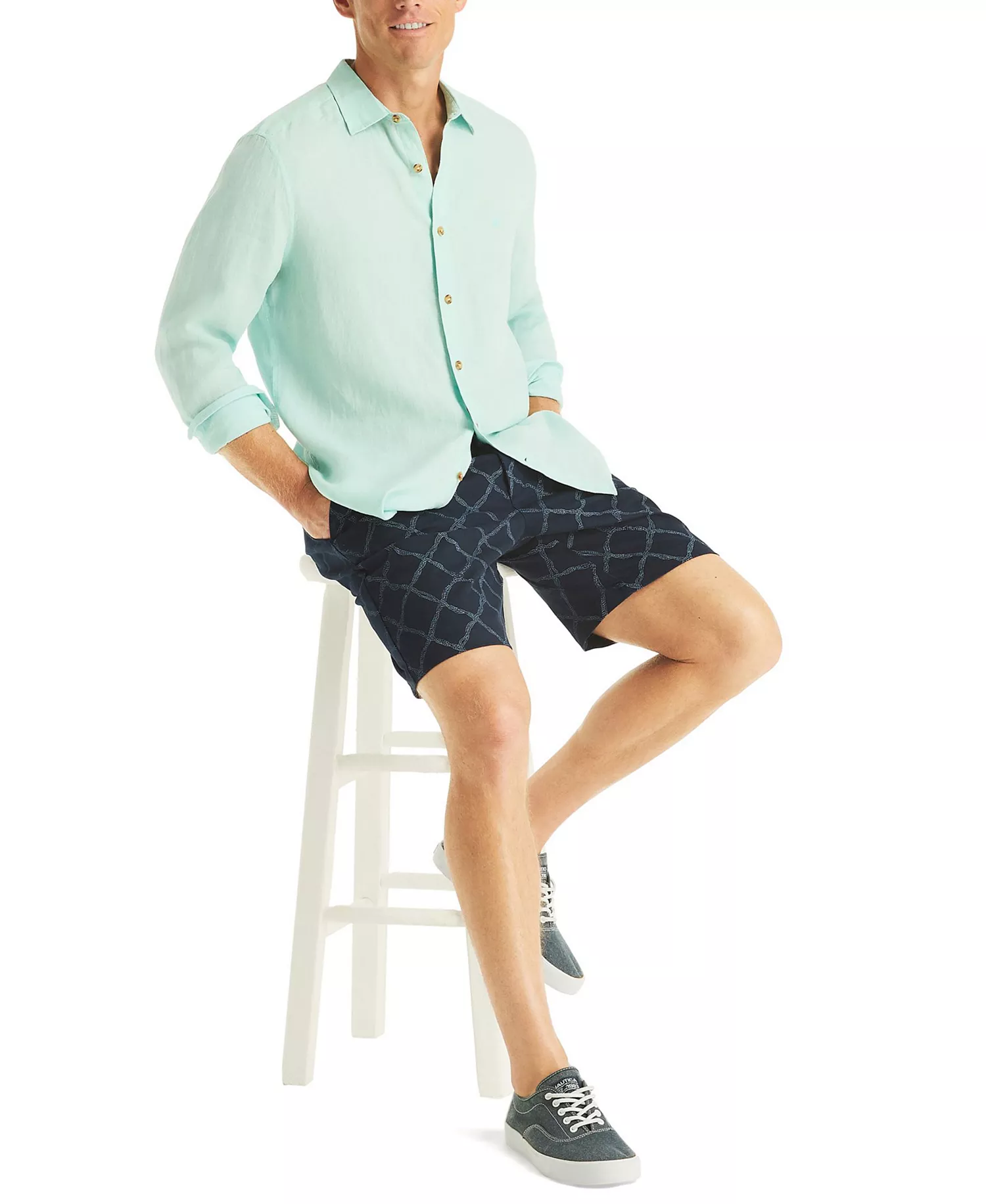 Men's Classic-Fit Spread-Collar Linen Shirt - Big Sur Green - 2XL