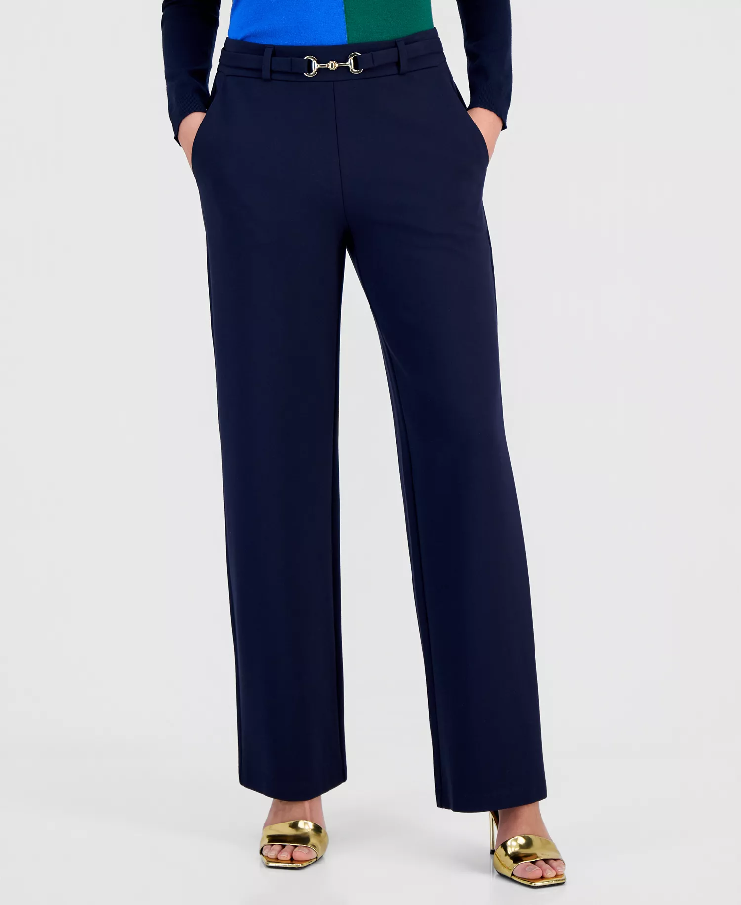 Women's Buckle-Belt Wide-Leg Ankle Pants - Navy - 10