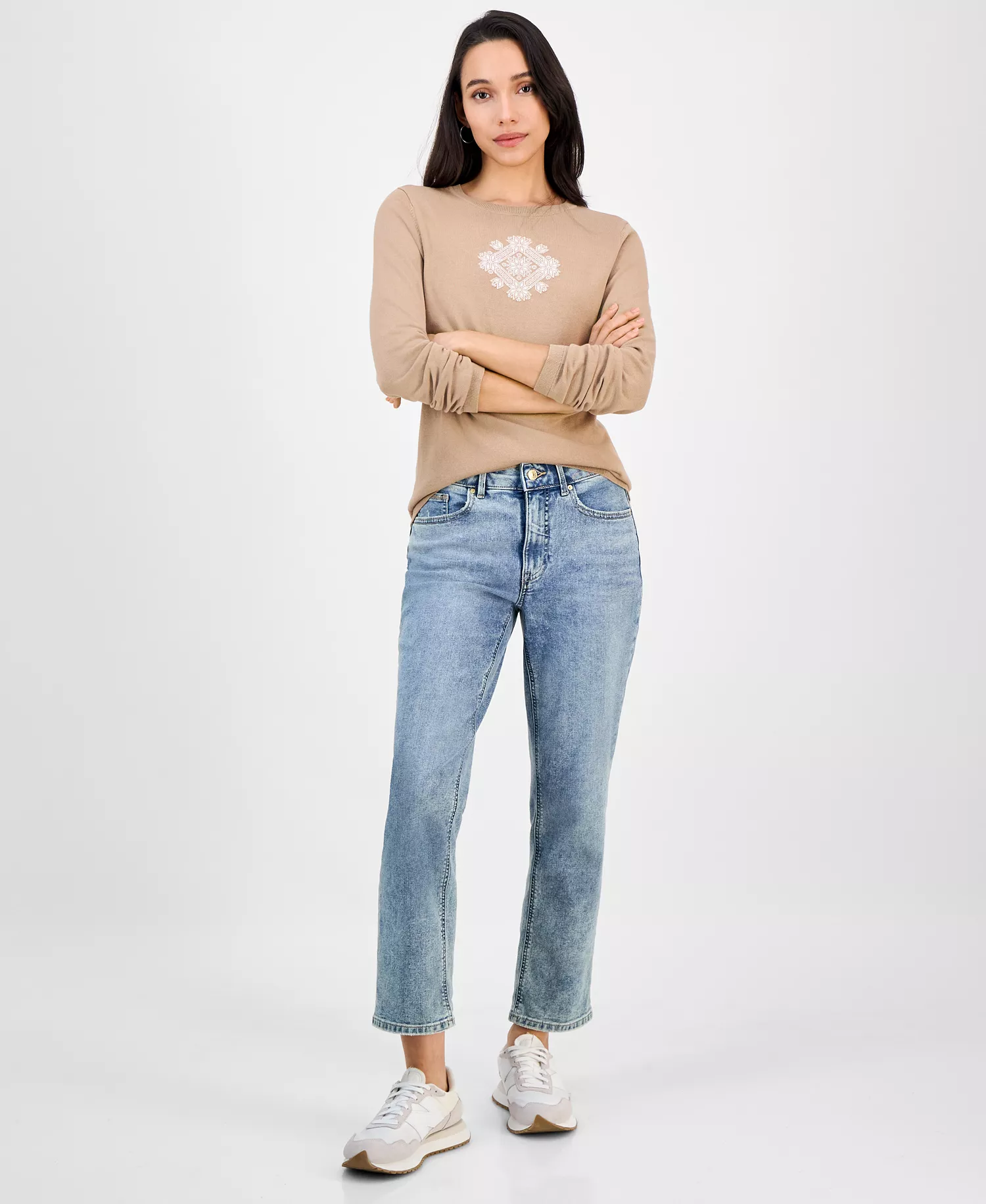 Nautica Women's Cotton Snowflake Sweater - Camel/ Ivory - L