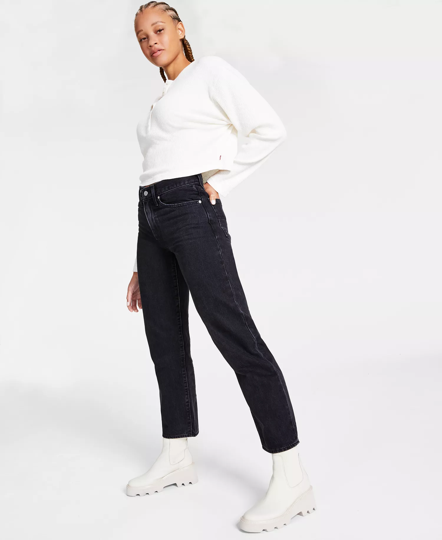 Women's Mid Rise Cotton 94 Baggy Jeans - Black - 23