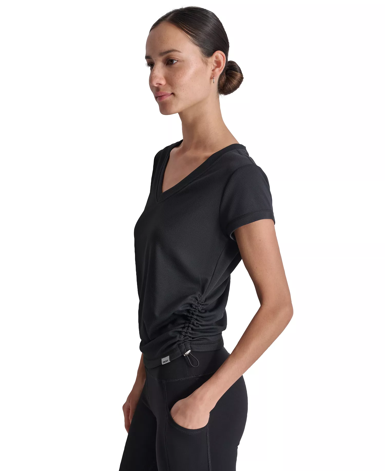 Women's Ruched Side Seams V-Neck Tech T-Shirt - Black - L