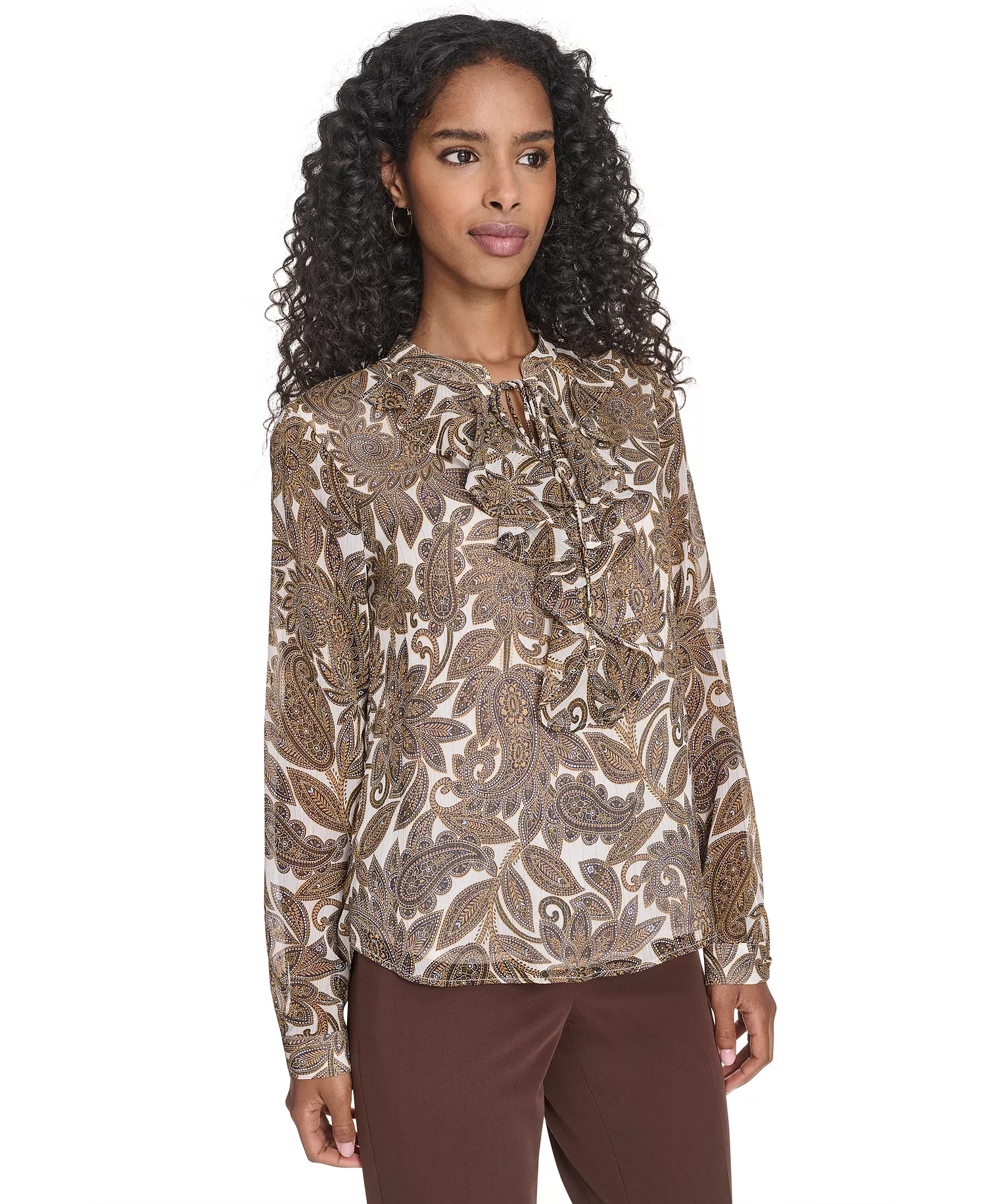 Women's Paisley Ruffle Long Sleeve Blouse - Sky Multi - S