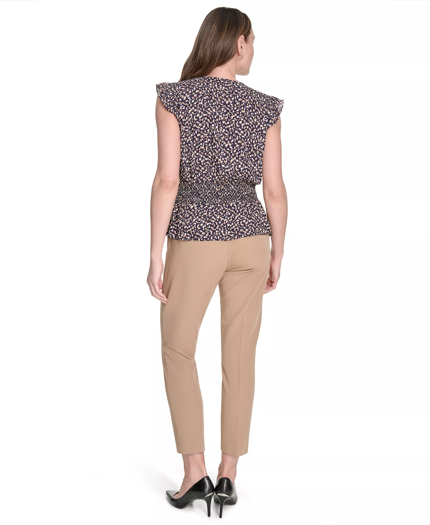 Women's Printed Smocked-Waist Flutter-Sleeve Blouse - Midnight/ Tigers Eye - L