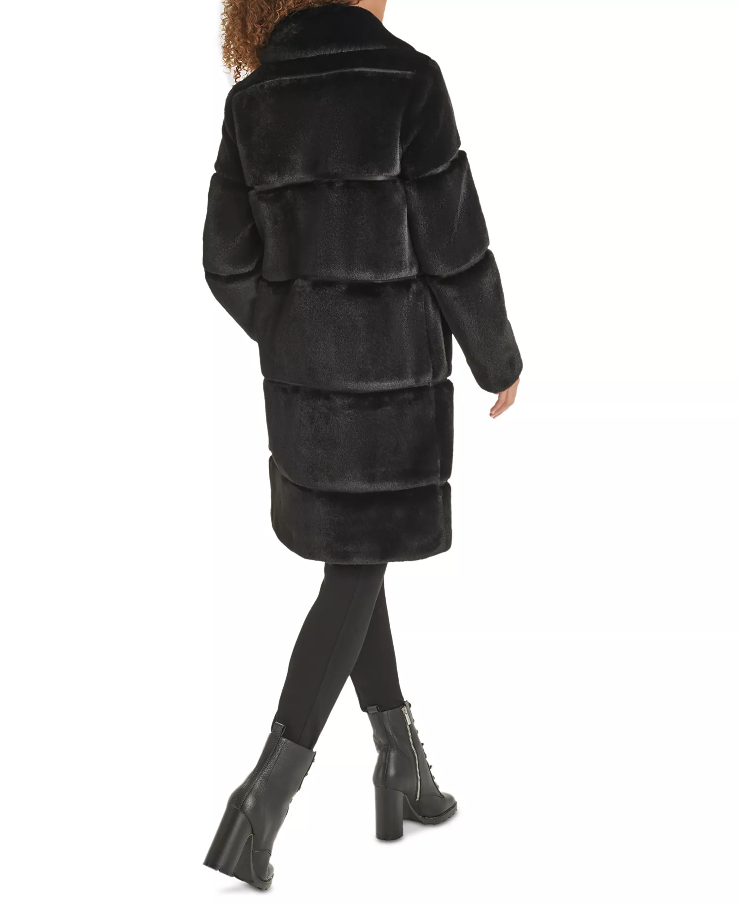 Women's Faux-Leather Trim Faux-Fur Coat - Black - L
