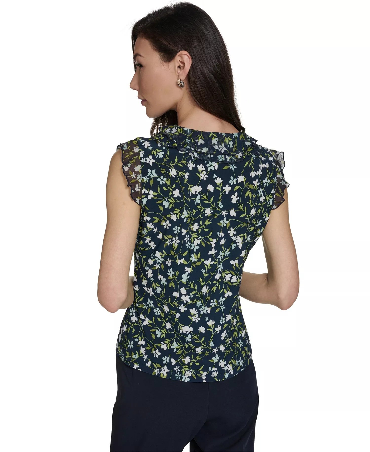 Women's Floral Vine Mixed Media Ruffle Top - Midnight/Harbor Gray - L